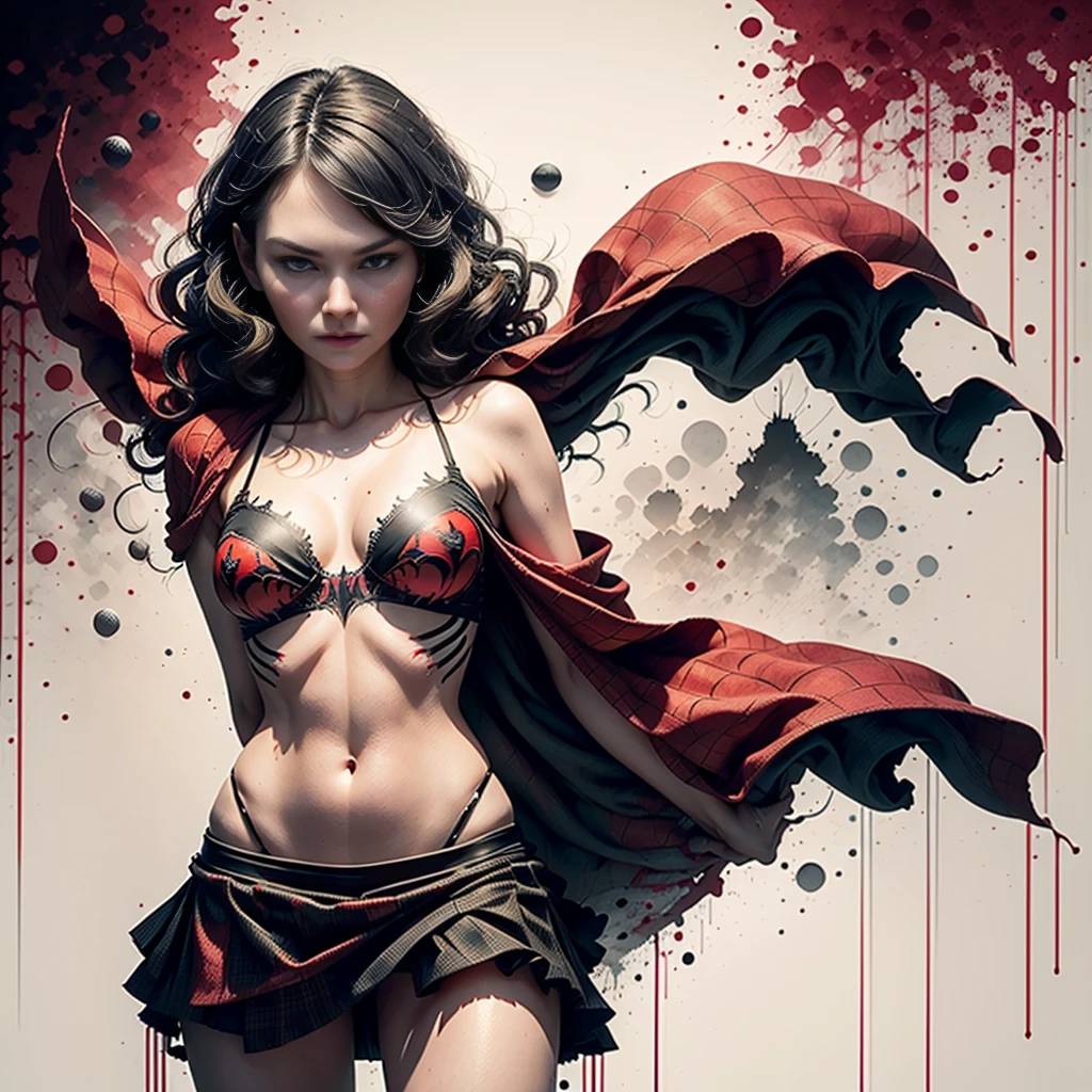 Kirsten Dunst、Sticking out the navel、newyork、She wears a torn Spider-Man suit,wearing skirt、 Red and black color scheme,Dynamic、masterpiece、top-quality、ultra-detailliert、ighly detailed、beautiful detailed brilliance、超A high resolution