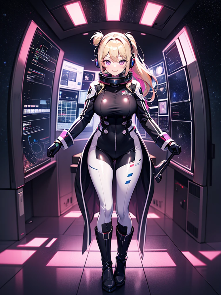 masterpiece:1.4, 1girl in ((20yr old, Dressed in a tight futuristic bodysuit in black and silver, long boots, huge-breasted, Multicolored blonde hair, twin ponytail, Perfect model body, Purple eyes:1.4, Wearing headphones, Flirting, Happy, Big smile, Looking out the window of the futuristic sci-fi space station、While admiring the beautiful galaxy:1.2, SFSF control room on night background:1.1, Neon and energetic atmosphere:1.2)) ((Galaxy)) ((Solo:1.6))