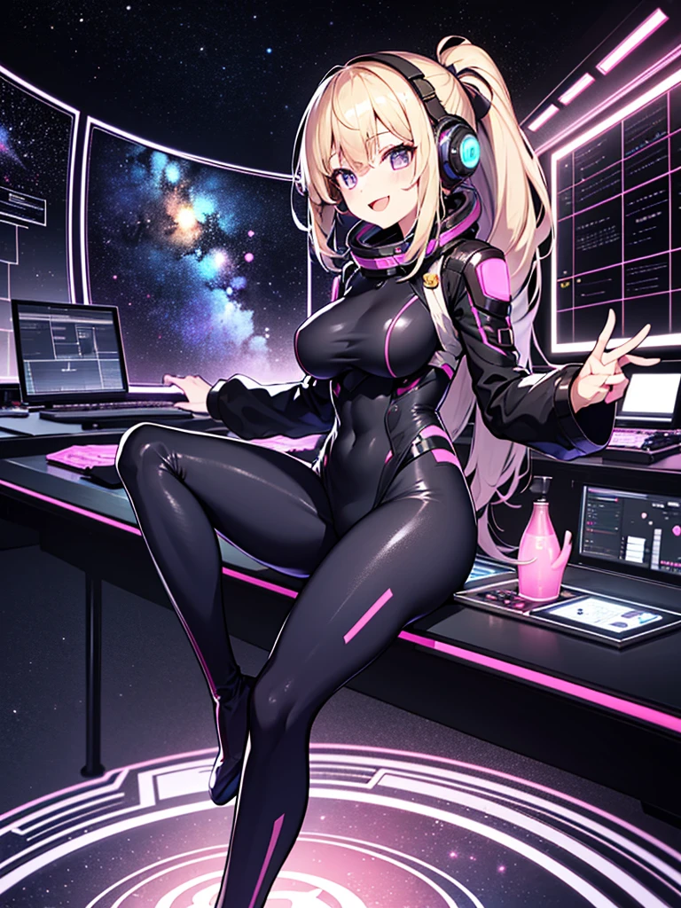 ​masterpiece:1.4, 1girl in ((20yr old, Dressed in a tight futuristic bodysuit in black and silver, long boots, huge-breasted, Multicolored blonde hair, twin ponytail, Perfect model body, Purple eyes:1.4, Wearing headphones, Flirting, Happy, Big smile, Looking out the window of the futuristic sci-fi space station、While admiring the beautiful galaxy:1.2, SFSF control room on night background:1.1, Neon and energetic atmosphere:1.2)) ((Galaxy)) ((Solo:1.6))