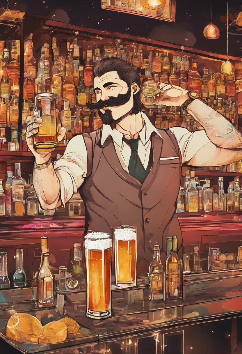 Bar scene, large hairy male bartender with large moustache and big smile pouring beer into a glass
