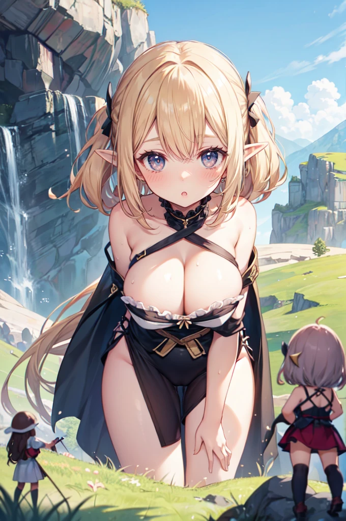 Dungeon, cave, cliffs, hills, fantasy, , (height_difference:1.4), (giantess:1.4), (2girls:1.5), groups of adventurers on a hill in front of the breasts of a giantess, girl on a hill under the breasts of a giantess,
elfgirl, bangs, naked, from below, very cute bra, cameltoe, very tall, huge breasts, below view, from below, cleavage (minigirl:1.2), (rear_end:1.4), long hair, tiny group of adventurers, (Masterpiece), (Best Definition Animated Illustration), (Super Definition), (minigirl:1.4), bent over, breast squeeze, sexy clothing, sweaty, fluffy, frills