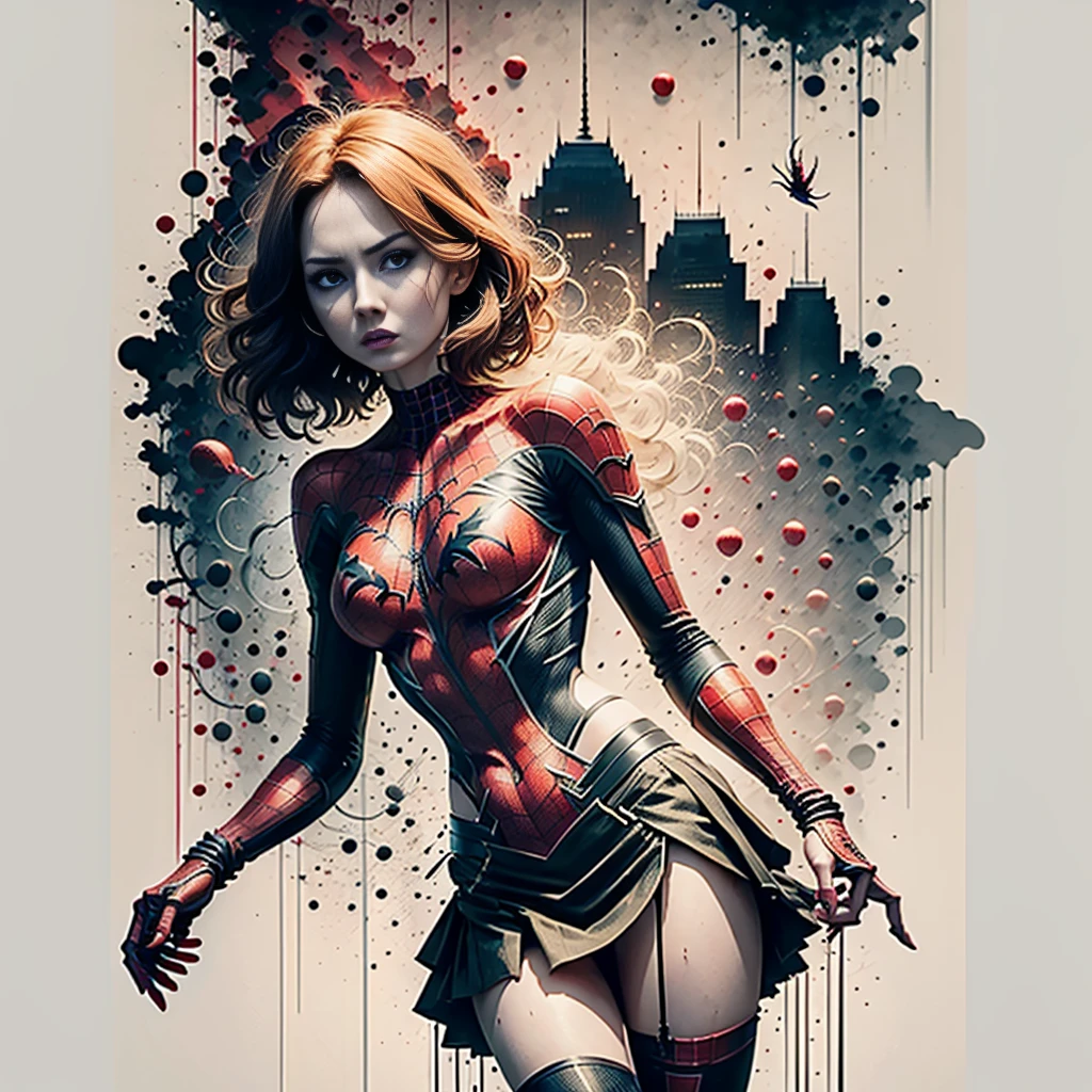 Karen Gillan、Sticking out the navel、newyork、She wears a torn Spider-Man suit,wearing skirt、 Red and black color scheme,Dynamic、​masterpiece、top-quality、ultra-detailliert、ighly detailed、beautiful detailed brilliance、超A high resolution