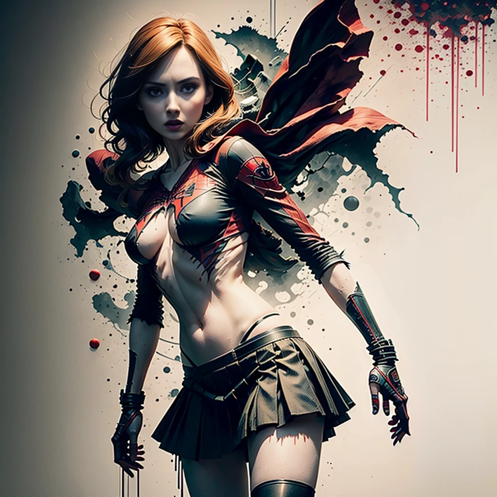 Karen Gillan、Sticking out the navel、newyork、She wears a torn Spider-Man suit,wearing skirt、 Red and black color scheme,Dynamic、masterpiece、top-quality、ultra-detailliert、ighly detailed、beautiful detailed brilliance、超A high resolution