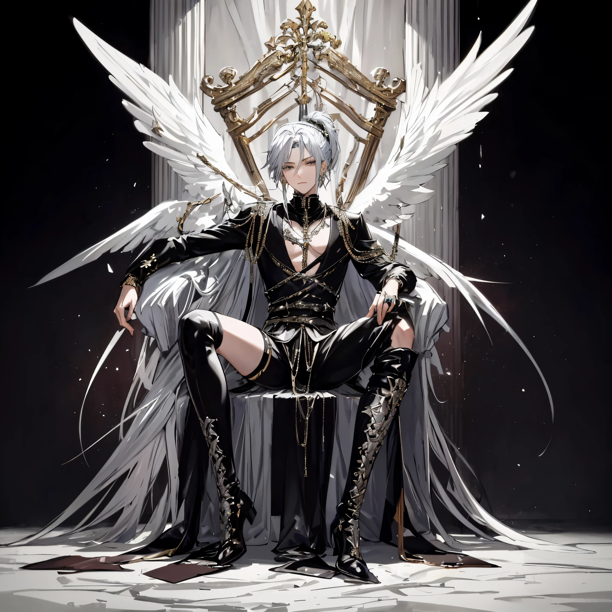 The character has an awe-inspiring appearance with shoulder-length white hair meticulously tied up, framing a flawless face. Adorned in a long-sleeved black ensemble with striking spikes, chains, and intricate jewelry, he exudes an air of edgy elegance. His petite frame is complemented by two sets of resplendent wings, and he proudly displays captivating piercings, including a bridge piercing, vertical labret, dimple piercings, and brow piercings. Metallic silver knee-high boots, crafted with precision and embellished with heart-shaped straps, draw attention to his lower body. Every detail, from his immaculate hands to flawlessly sculpted face and legs, reflects meticulous perfection. The overall appearance is completed with an aura of casual elegance and serene confidence.