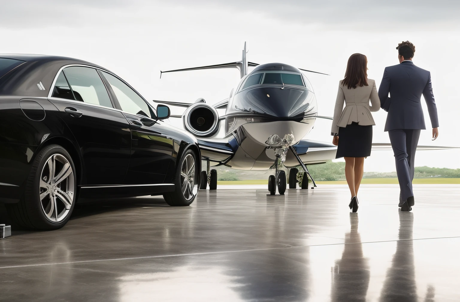 black car and a woman walking towards a private jet, luxo e elite, cinematic masterpiece, estilo de vida de luxo, aeroporto, easy go, take off, preto. Aeroportos, Obra-prima aclamada, on floor, surpreendente, ambiente luxuoso, luxo, low view, mulheres ricas, cinematic still, skies behind, obra-prima premiada, dramatic masterpiece, Belas vistas