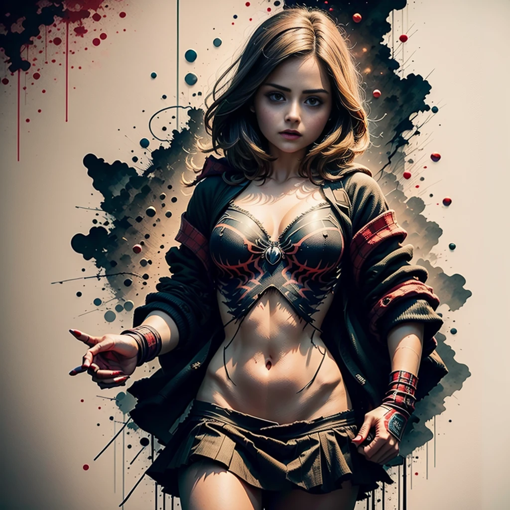 Jenna Louise Coleman、Sticking out the navel、newyork、She wears a torn Spider-Man suit,wearing skirt、 Red and black color scheme,Dynamic、masterpiece、top-quality、ultra-detailliert、ighly detailed、beautiful detailed brilliance、超A high resolution