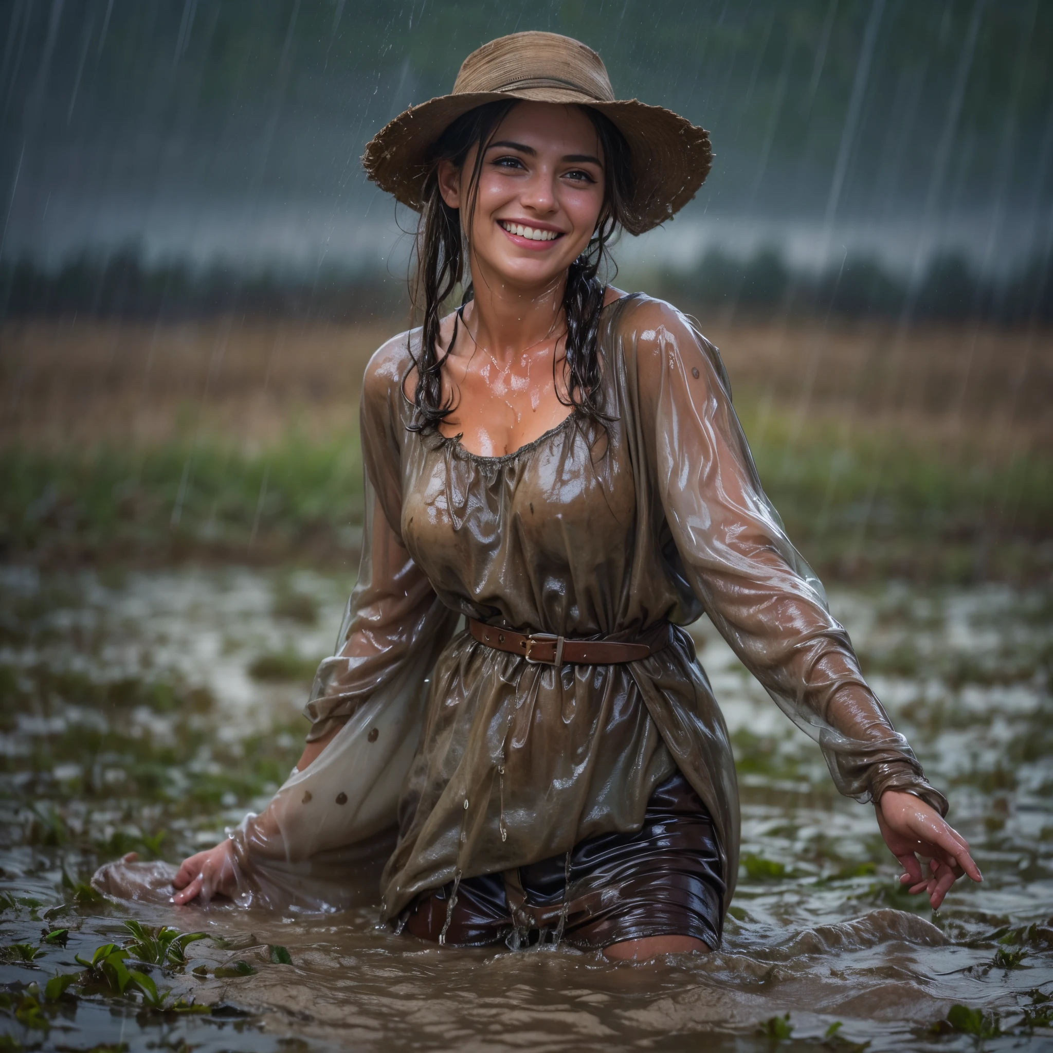 (masterpiece, best quality:1.2), cowboy shot, solo, 1girl, 27 yo peasant woman, smile, looking at viewer, peasant dress, capelet, belt, wet clothes, soaked, dripping wet, wet hair, wet skin, translucent, glistening with oil, fully clothed, wet muddy field