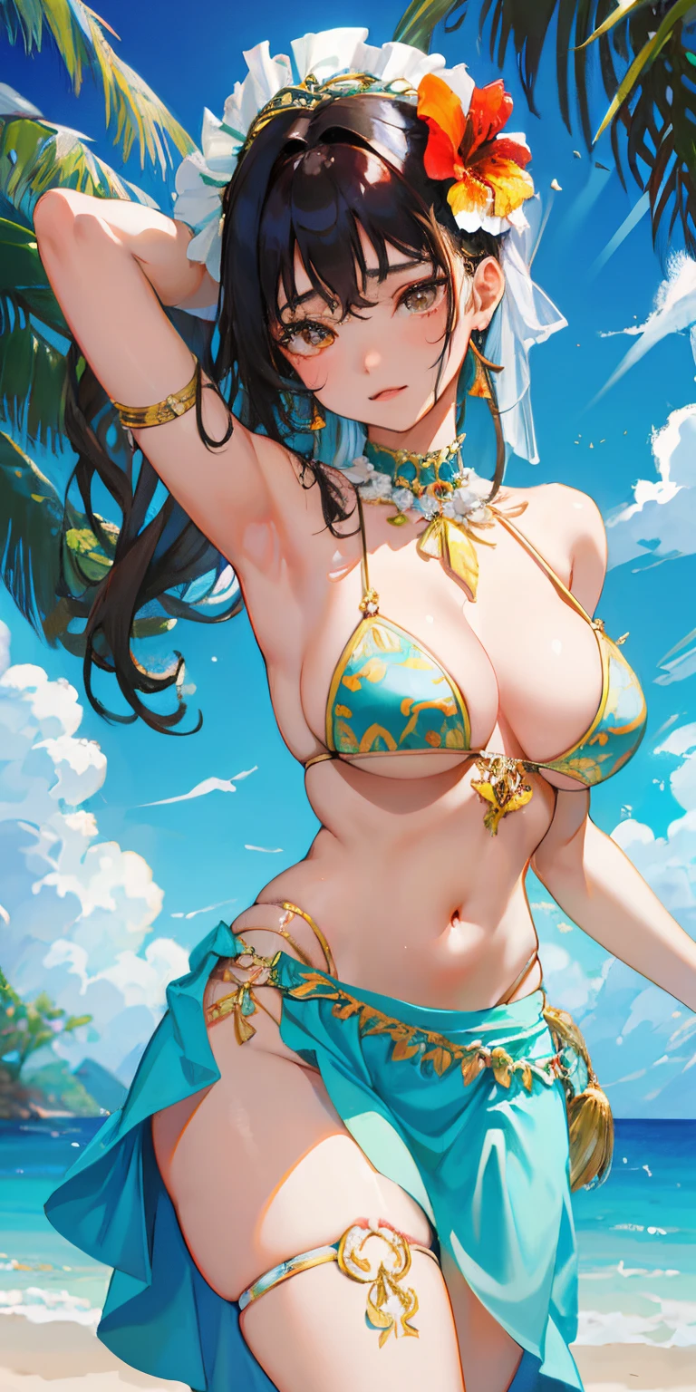 realisticlying、16 year old girl with big breasts、Close-up from the ground、She is wearing a micro bikini with a floral pattern on her chest...、Emphasis on big breasts and cleavage、sexy brown skin tone、Tahitian dancer、dance tahitian dance、pareo(wear a skirt around the waist)、seashell necklace around neck、hibiscus ornament in hair、Sexy Posing、Tropical Beach