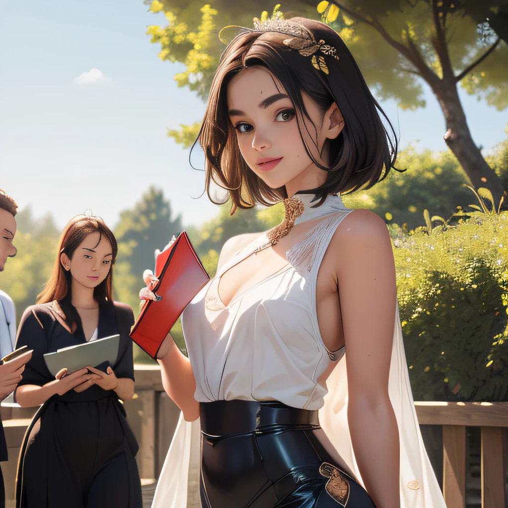 (Extremely detailed 8k wallpaper:2), (photo:2), (soigne Beautiful girl:2), (gives a lecture to friends:2), detailed (Face and eyes), (hyper realistic:1), (highly detailed:1), (epic realistic:1), rim light, (maximum details:1), cozy, (fullbody:1.3), (looking at viewer:2), (Woman's Attractive Qualities:2), (Attractive Woman:2), (Attractive:2), Smile, Intelligence, Empathy, Gracefulness, Sense of Style, Fitness, Grooming, Optimism, (Sensitivity:2), Sincerity, Romantic Gestures, Playfulness, Fashion Sense, (Sensuality:2), Charm, Modesty, Thoughtfulness, (Femininity:1), Flirtatiousness, Warmth, (Physical attractiveness:2), A beautiful smile, A love of life, strength and power, vulnerability, curiosity, wonder, love, (nature background:2), kawaii, waifu, Beautiful breasts, (attractive body:2), (Beautiful body:2), Beautiful pose, attractive pose, (Beautiful legs:1.0), (spread legs:1.0), (Beautiful clothes:1), (classic clothes:2), (elegant clothes:2), (European clothes:2), detailed clothes, (skirt:1), (blouse:1), (provocative pose)