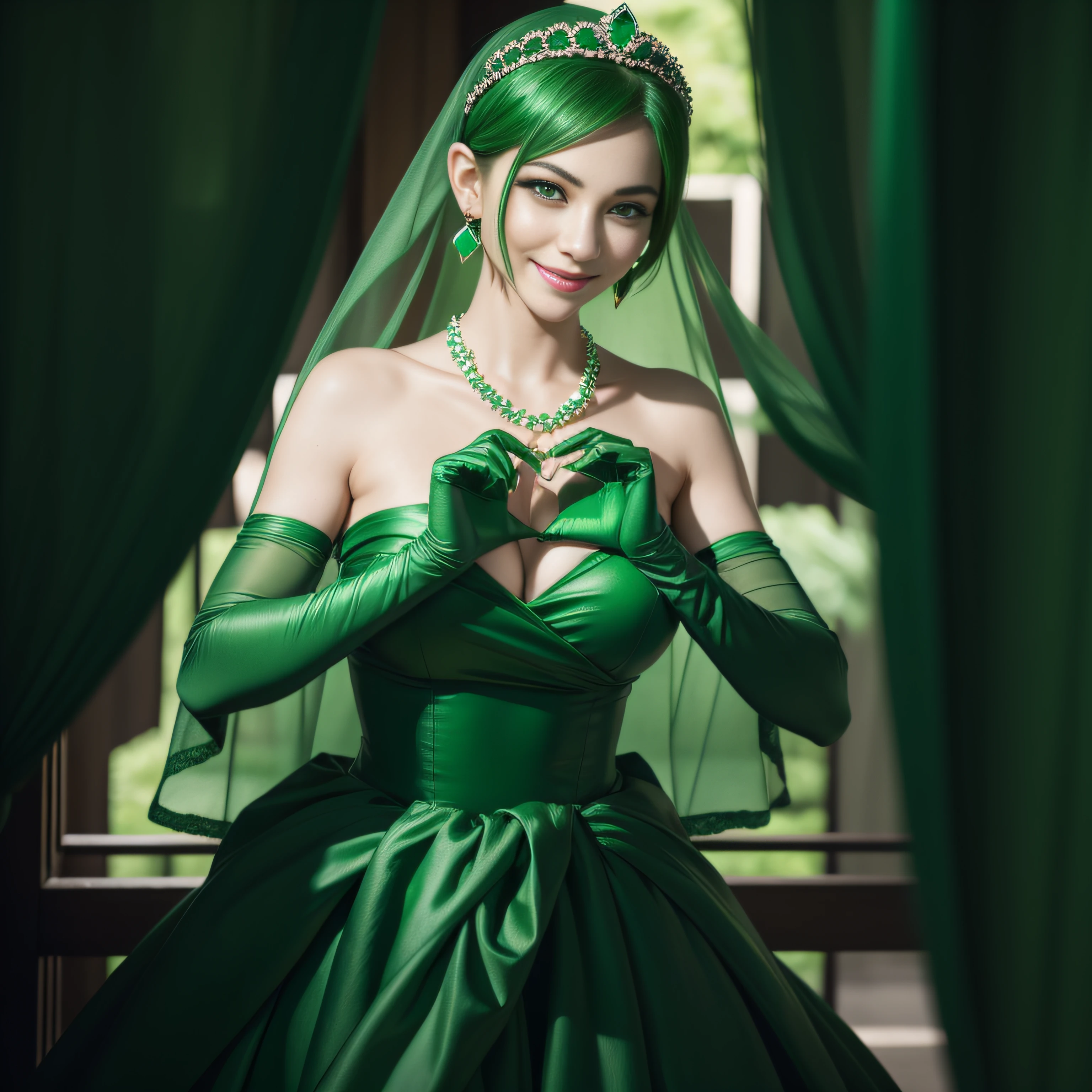 emerald tiara, Green Pearl Necklace, Boyish very short green hair, lipsticks, Japan woman smiling, very short short hair,  big breasts beautiful, Green eyes, Long green gloves made of satin material, Green eyes, Emerald Earrings, green vale, Heart with both hands