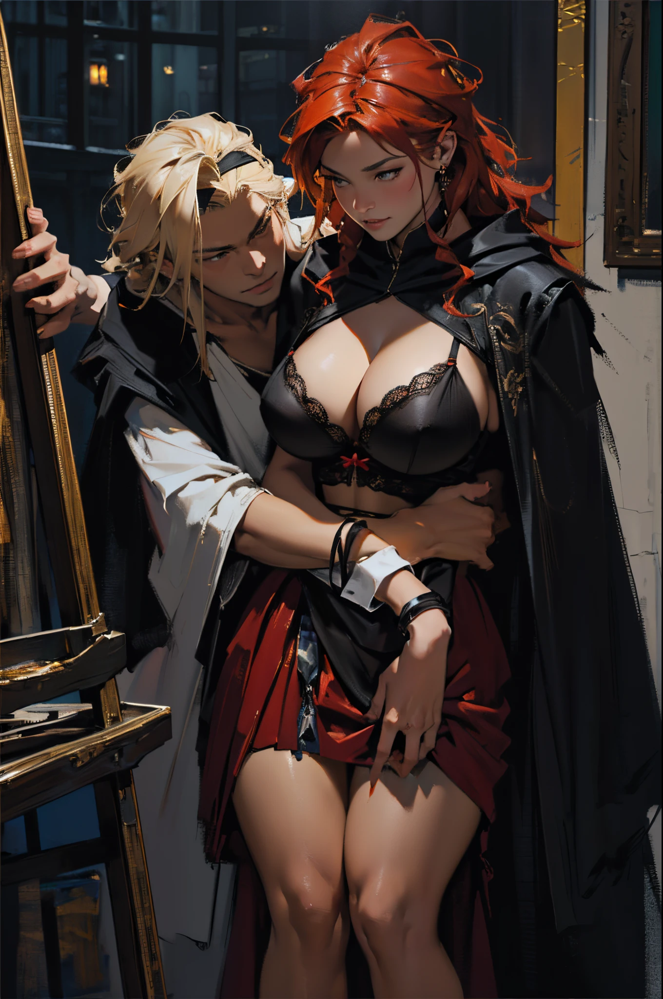 Depicts a strong werewolf hugging a blonde girl，(((black humanoid wolf)))，(((Black furry humanoid wolf)))，(((Beautiful sexy girl)))，(((Girls wear：red head band, cloaks, big bust bra, a skirt, red long skirt，laced dress)))，((Sexual suggestiveness))，Correct anatomy，详细的脸, 詳細な目，(((the right proportions)))，City at night，The lights are on，romantic love story，Warm picture，a warm color palette，(post impressionist),(Fechin Oil Painting - Fechin Oil Painting , oil painted), 000