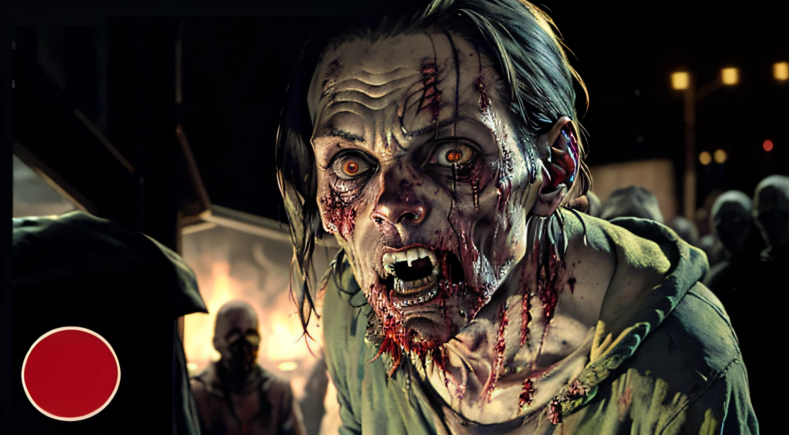 a close up of a fake zombie with blood on it's face, zombie in horror concept art, horror movie still, film still from horror movie, film still from a horror movie, still from horror movie, horror film still, zombies apocalipsis, evil dead face, zombie with white eyes, 8 0's horror movie film still, photo of scp-173