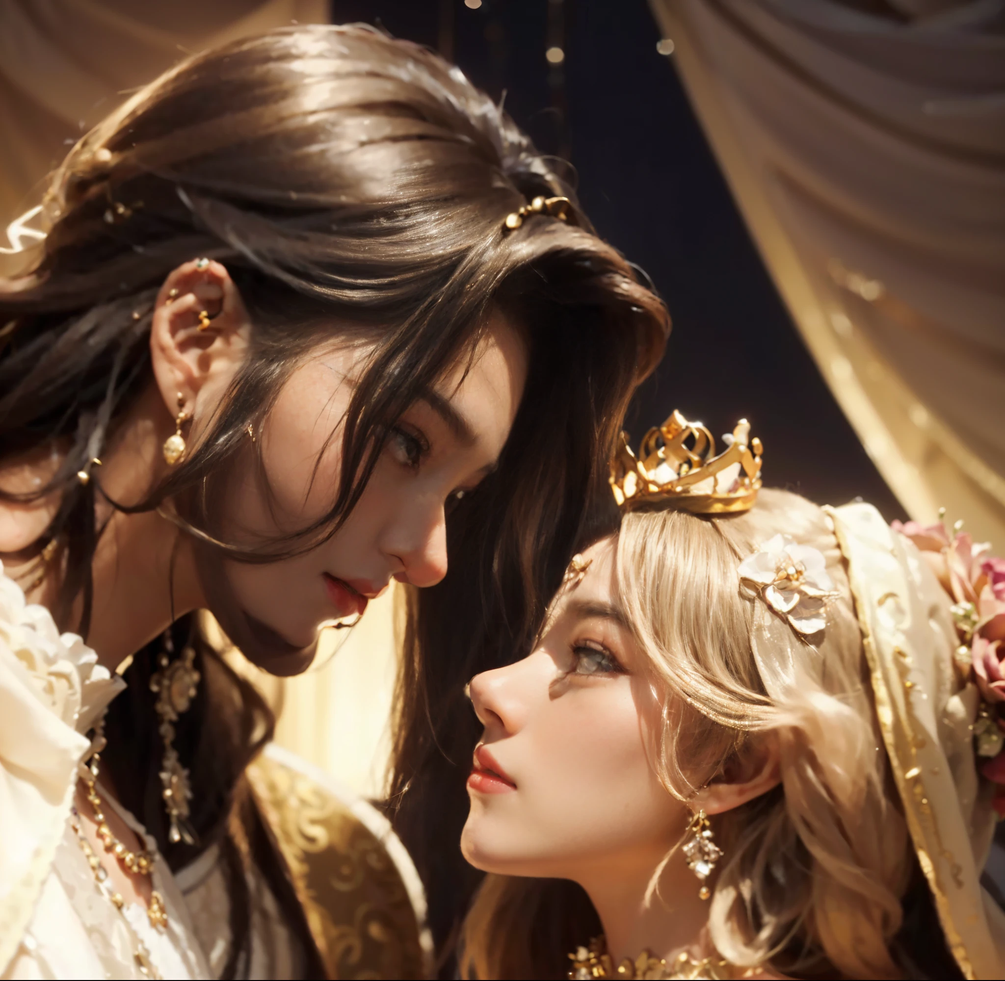 (generate handsome groom and beautifull bride, hugging, at wedding ceremony, (luxury crown), (luxury cloak), wear (detailed luxurious hairpin), (detail luxury wedding gown), (detailed ornament), (detail accecories), expensive detailed necklace, golden flower vase on luxury table, luxury parfume bottle, luxury wall ornament, beautifull sky, luxury wedding aisle, detail luxury golden lamp, luxury candle, beautifull face, pretty face, beautifull eyes, beautifull nose, raytracing, beautifull fingers, beautifull hands, (luxury arm ornament), (luxury bracelet), (luxury ring), (luxury necklace), (4 fingers in 1 hand), full body picture, pretty makeup, perfect anatomy, good lighting, professional photoshoot