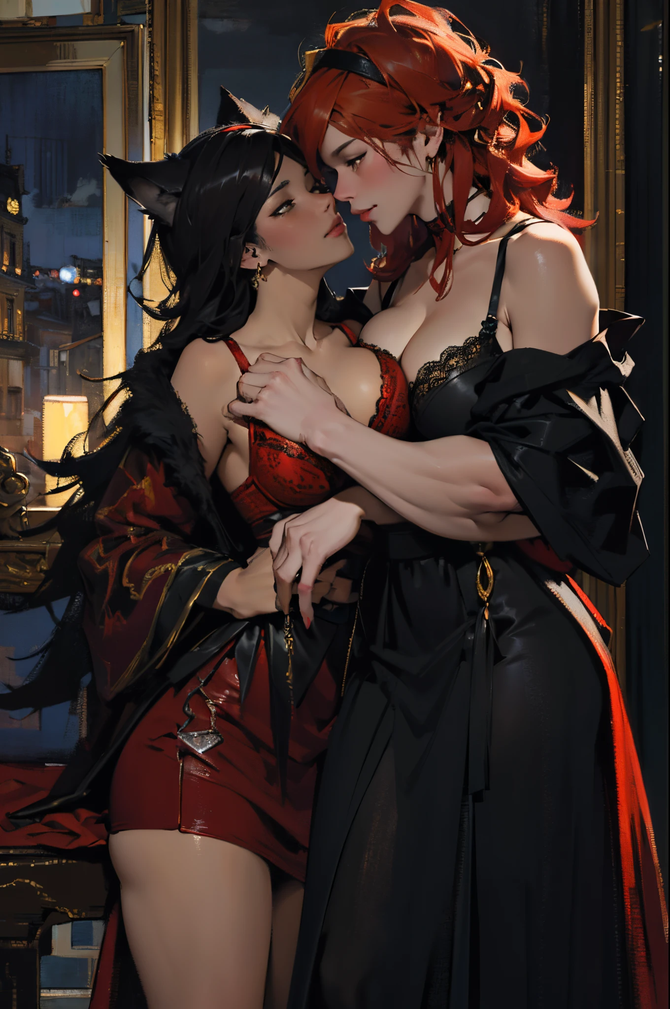 Depicts a strong werewolf hugging a blonde girl,(((black humanoid wolf))),(((Black furry humanoid wolf))),(((Beautiful sexy girl))),(((Girls wear:red head band, cloaks, big bust bra, a skirt, red long skirt,laced dress))),((Sexual suggestiveness)),Correct anatomy,详细的脸, 詳細な目,(((the right proportions))),City at night,The lights are on,romantic love story,Warm picture,a warm color palette,(post impressionist),(Fechin Oil Painting - Fechin Oil Painting , oil painted), 000