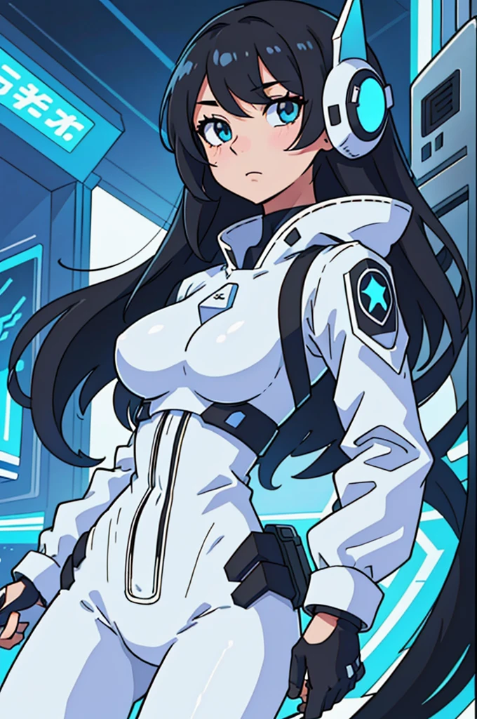 (top-quality:0.8)、(top-quality:0.8)、perfect anime illustration、Extreme close-up of a pretty woman walking in a futuristic city、White and black bodysuit