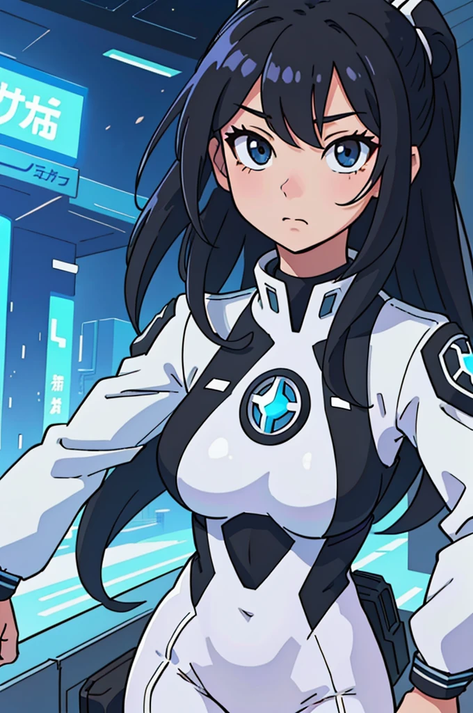 (top-quality:0.8)、(top-quality:0.8)、perfect anime illustration、Extreme close-up of a pretty woman walking in a futuristic city、White and black bodysuit