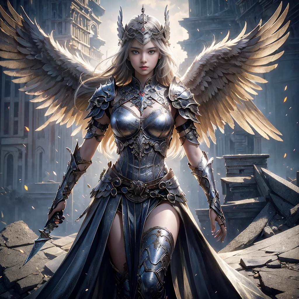 masterpiece, ((1girls, Standing on a crumbling building, close up shot, Realistic)), Realistic visuals, Artistic customization, Attractive beauty, Amazing contrast, 8k wallpapers, absurdity, unbelievably ridiculous, valkyrie, beautiful armor, wings, (Holding a silver sword.)), I was in the air., ((bestquality: 1.5))