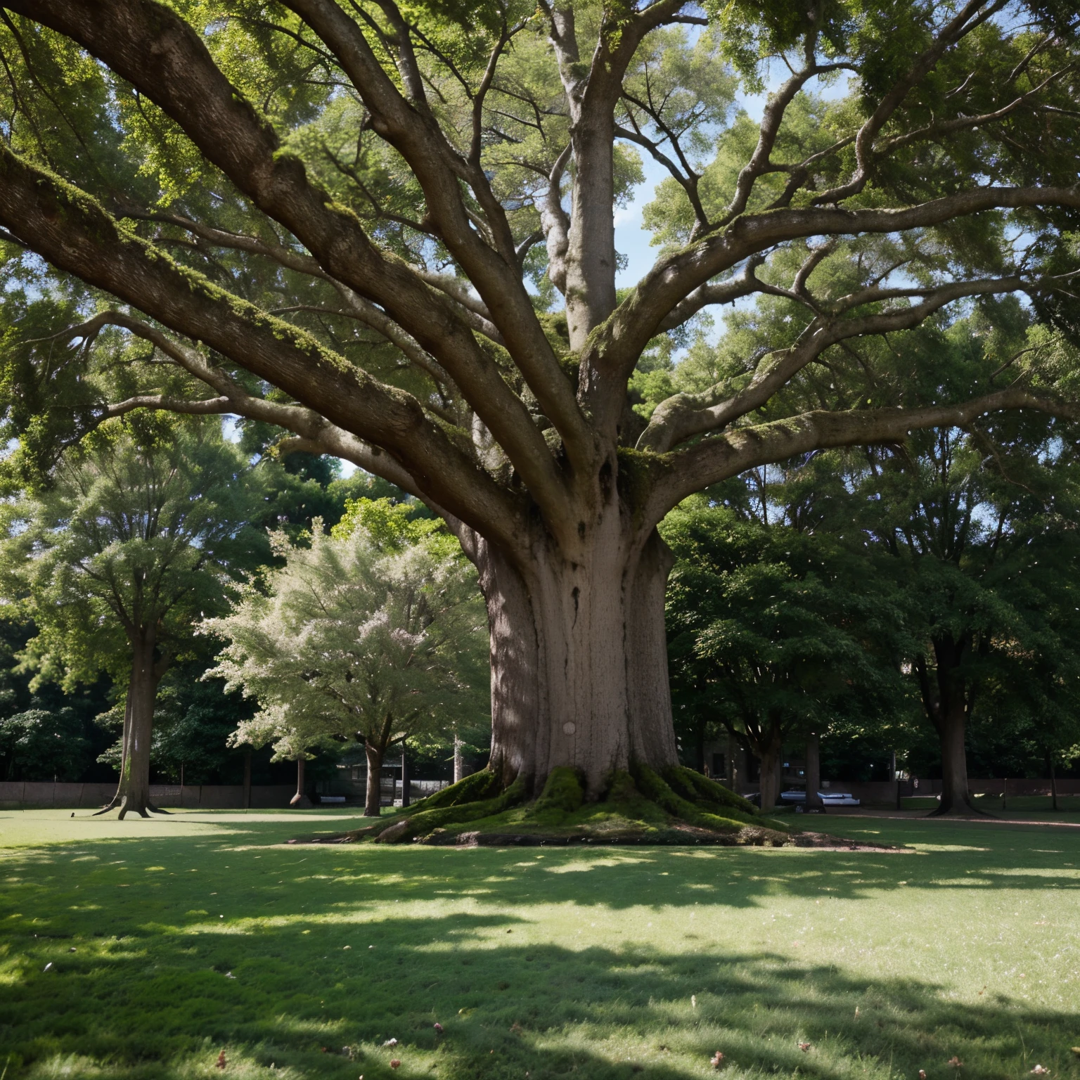 A very large tree. View from the ground. In the spring with moss on the ground.