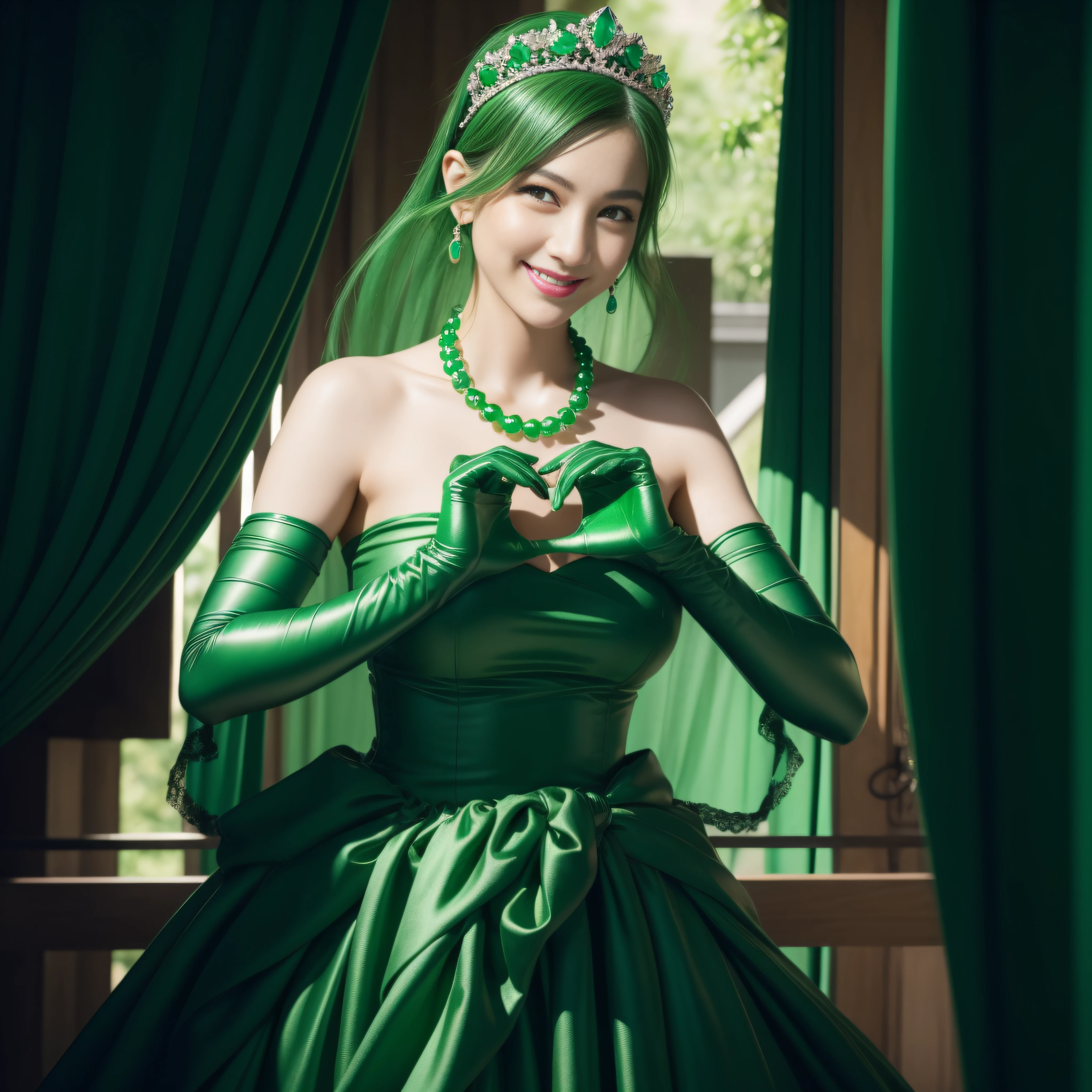emerald tiara, Green Pearl Necklace, Boyish very short black hair, lipsticks, Japan woman smiling, very short short hair,  big breasts beautiful, Green eyes, Long green gloves made of satin material, Green eyes, Emerald Earrings, green vale, Heart with both hands