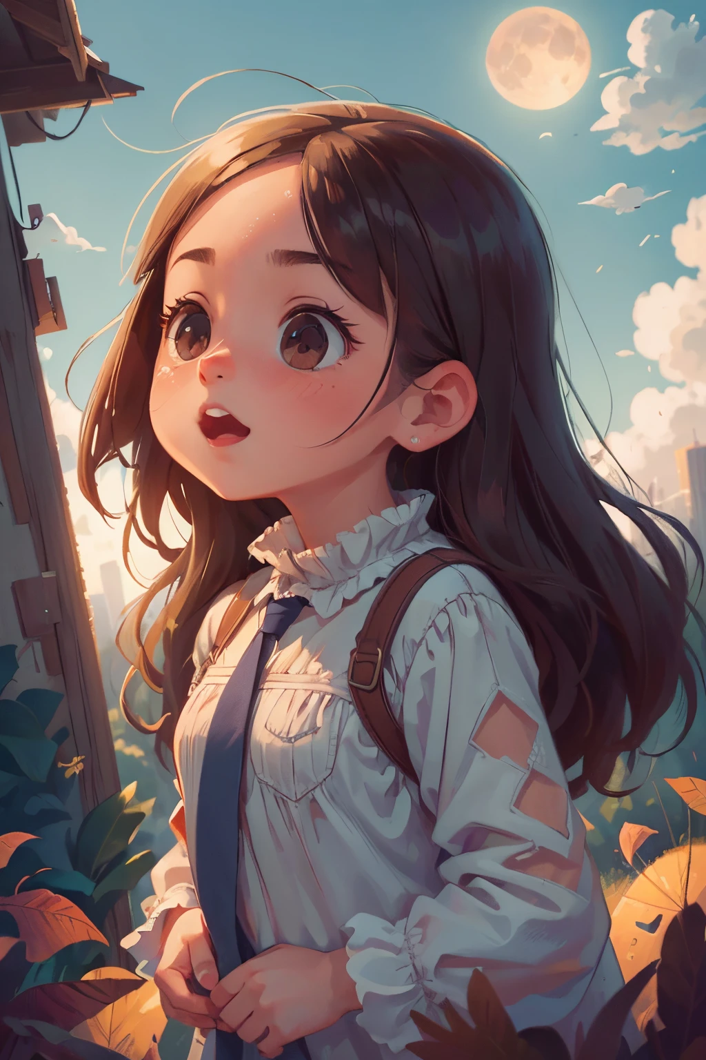 Romantic, realistic atmosphere, a huge city spreads out, the moon rising above the skyscraper, the risingt moon is beautiful, the horizon, composed, the sky is clearing, huge autumn clouds, bright colors, a girl looking from high of a distant mountain, high detail, ultra detail, 8K, ultra high resolution there are four cute and innocent girls, having fun, adding to the playful atmosphere, (masterpiece), best quality, expressive eyes, perfect face, girl look at the sky