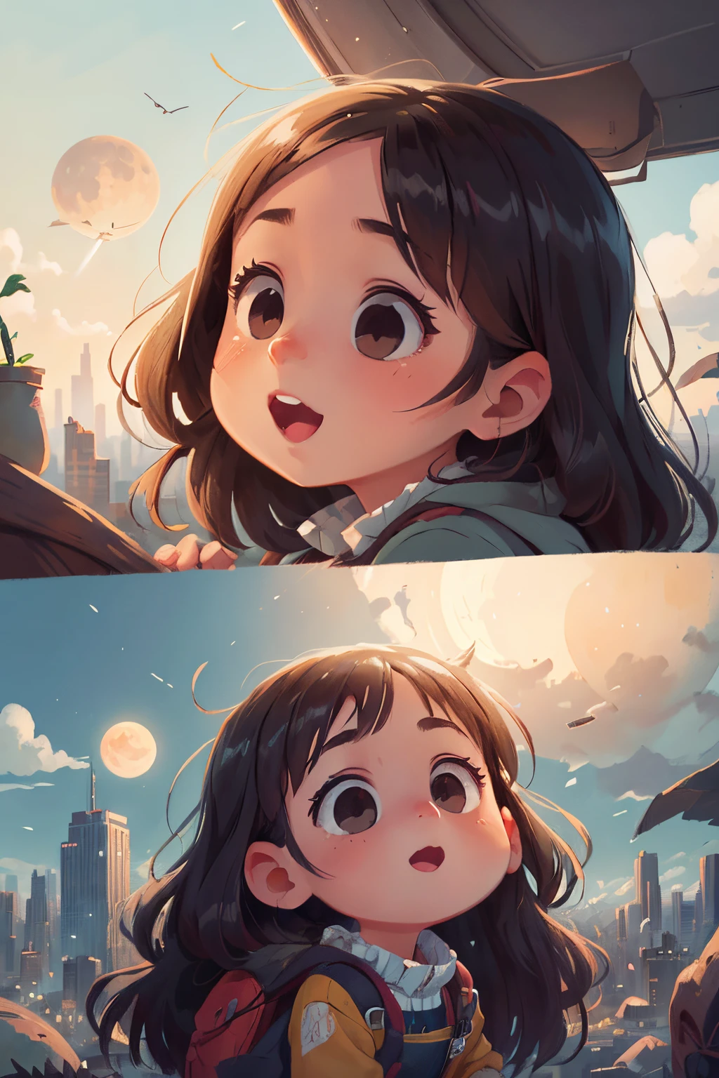 Romantic, realistic atmosphere, a huge city spreads out, the moon rising above the skyscraper, the risingt moon is beautiful, the horizon, composed, the sky is clearing, huge autumn clouds, bright colors, a girl looking from high of a distant mountain, high detail, ultra detail, 8K, ultra high resolution there are four cute and innocent girls, having fun, adding to the playful atmosphere, (masterpiece), best quality, expressive eyes, perfect face, girl look at the sky