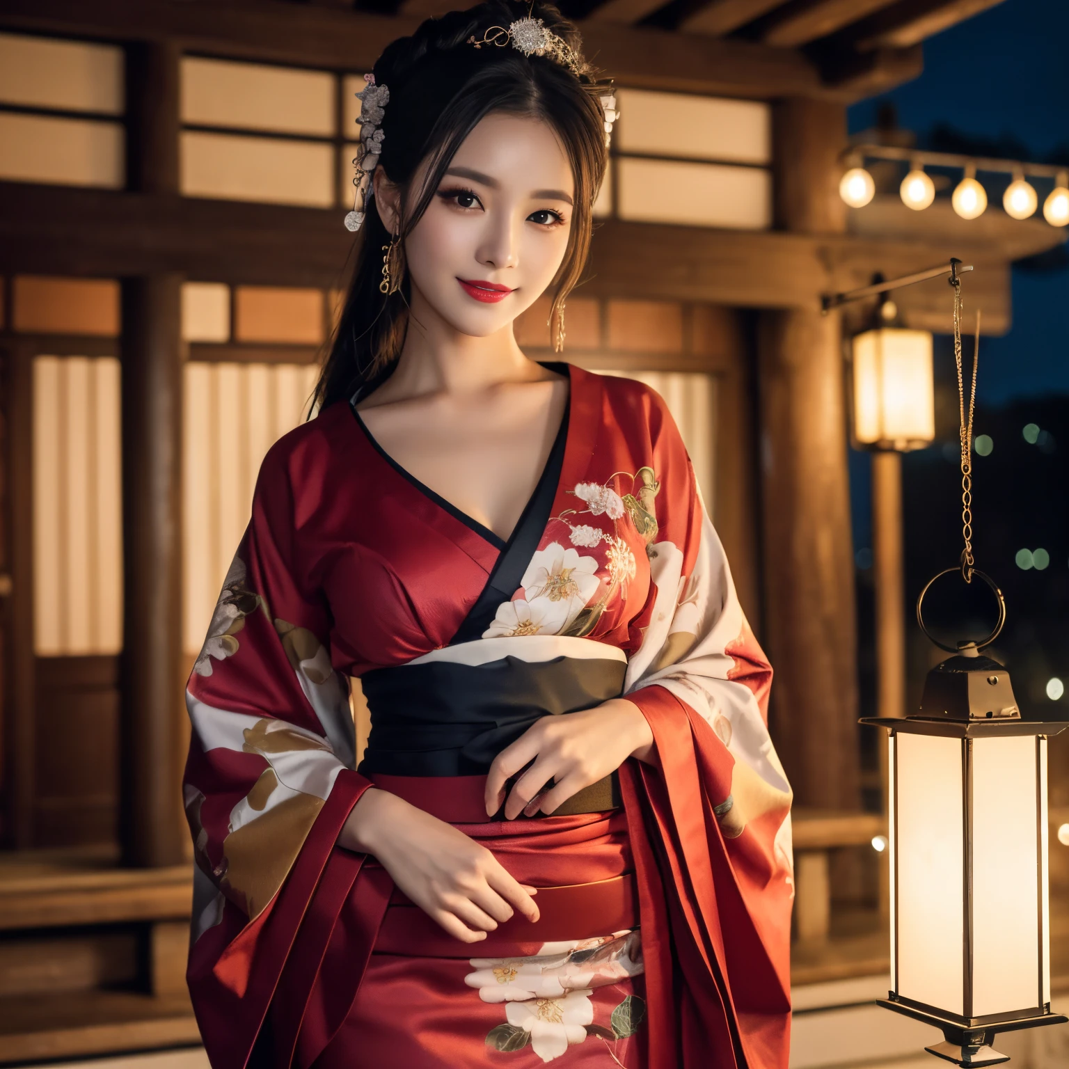 ((top-quality、masutepiece、8K、Top image quality、Very complex and detailed details))、one courtesan、Flower Outfit、Oiran kimono、Accurate courtesan kimono、Gorgeous courtesan kimono、The background is a garrison house、You Guo、Custom Street、Smile at the camera、Photo from the waist up、Recreate the perfect red light district details、1 photo、Night sex district、Night Excursion、midnight、murky、Lantern light、red lipsticks、long eyelashes、Perfect makeup、a dark night、naked and wearing only kimono、A detailed face