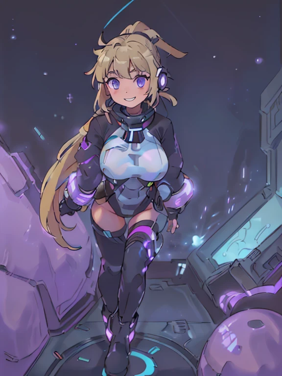 ​masterpiece:1.4, 1girl in ((20yr old, Dressed in a tight futuristic bodysuit in black and silver, long boots, huge-breasted, Multicolored blonde hair, twin ponytail, Perfect model body, Purple eyes:1.4, Wearing headphones, Flirting, Happy, Big smile, Looking out the window of the futuristic sci-fi space station、While admiring the beautiful galaxy:1.2, SFSF control room on night background:1.1, Neon and energetic atmosphere:1.2)) ((Galaxy)) ((Solo:1.6))