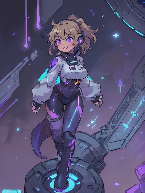 masterpiece:1.4, 1girl in ((20yr old, Dressed in a tight futuristic bodysuit in black and silver, long boots, huge-breasted, Multicolored blonde hair, twin ponytail, Perfect model body, Purple eyes:1.4, Wearing headphones, Flirting, Happy, Big smile, Looking out the window of the futuristic sci-fi space station、While admiring the beautiful galaxy:1.2, SFSF control room on night background:1.1, Neon and energetic atmosphere:1.2)) ((Galaxy)) ((Solo:1.6))