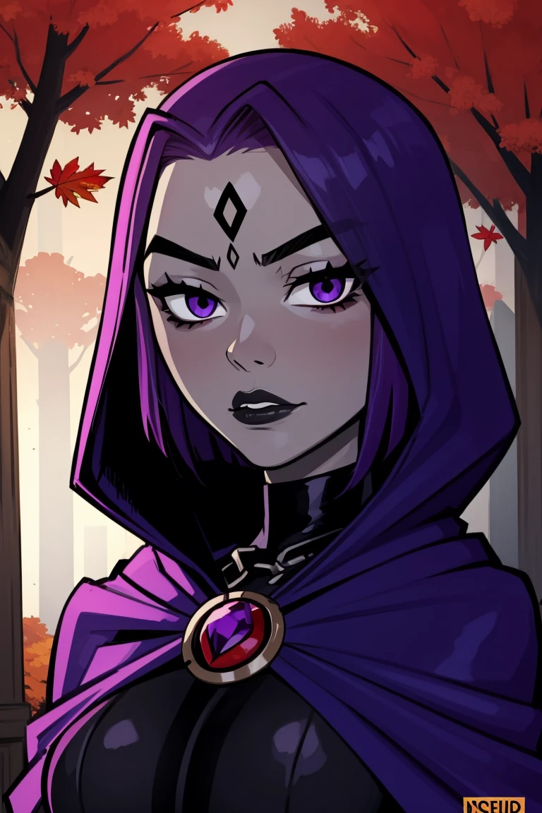 Raven, teen titans, hooded, goth girl, autumn forest background, detailed, detailed, detailed, beautiful, detail, goth girl, masterpiece, purple clothes, red jewel centre head, dark night background, gothic, goth, goth, detailed, goth girl, piercings, detailed face, looking viewer, raven, (Dark eye shadow) dark eye shadow, black eye shadow,, MAGAZINE STYLE, MAGAZINE COVER