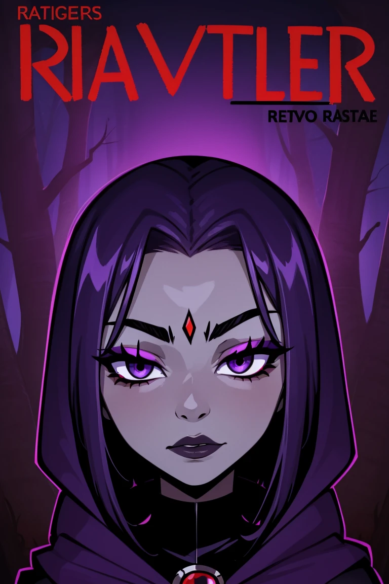 Raven,  titans, hooded, goth girl, autumn forest background, detailed, detailed, detailed, beautiful, detail, goth girl, masterpiece, purple clothes, red jewel centre head, dark night background, gothic, goth, goth, detailed, goth girl, piercings, detailed face, looking viewer, raven, (Dark eye shadow) dark eye shadow, black eye shadow,, MAGAZINE STYLE, MAGAZINE COVER