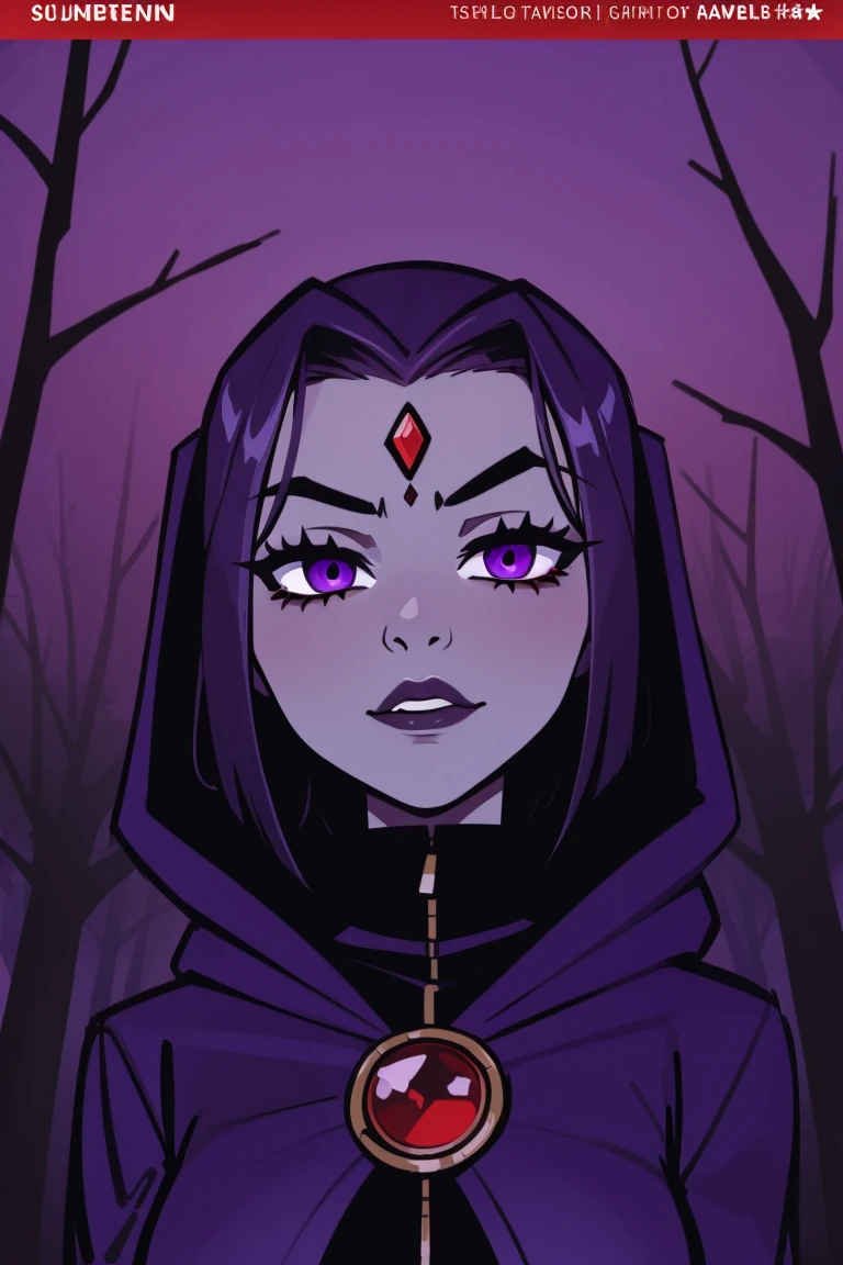 Raven,  titans, hooded, goth girl, autumn forest background, detailed, detailed, detailed, beautiful, detail, goth girl, masterpiece, purple clothes, red jewel centre head, dark night background, gothic, goth, goth, detailed, goth girl, piercings, detailed face, looking viewer, raven, (Dark eye shadow) dark eye shadow, black eye shadow,, MAGAZINE STYLE, MAGAZINE COVER