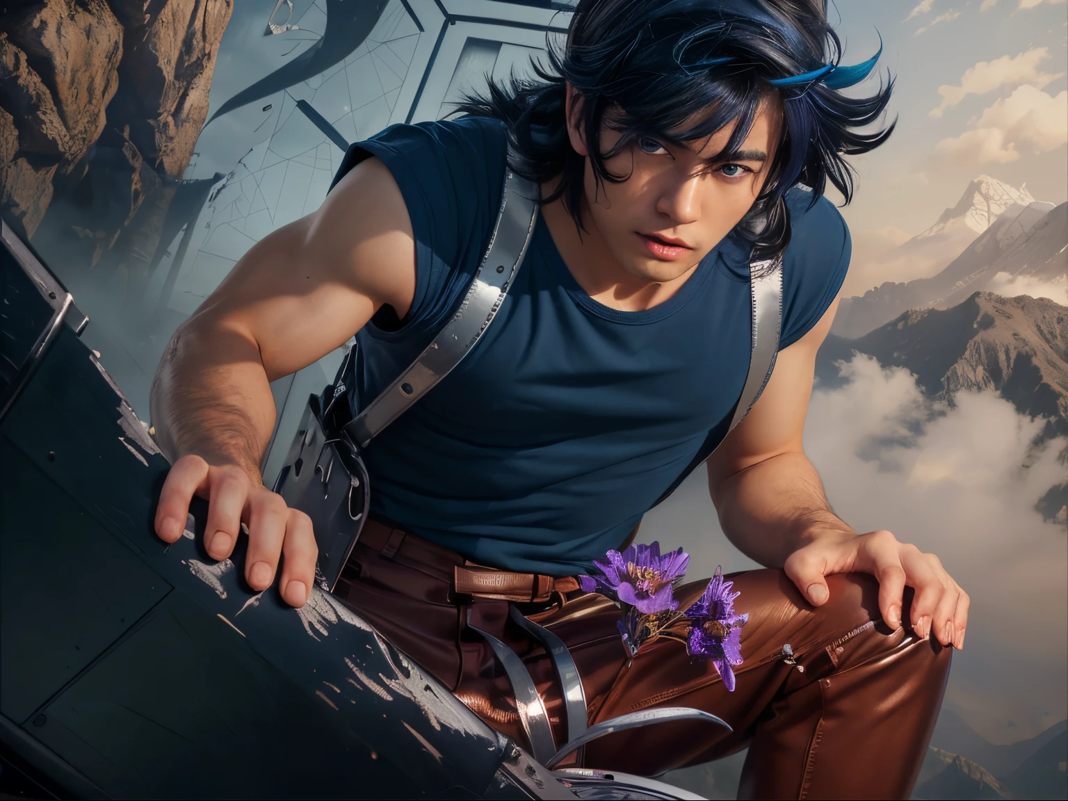 (masterpiece), (realistic), close up, (male) of 20 years old, Japanese (1boy), solo, slightly low view, in one knee, ((handsome man), ((strong face)), ((surprised face)), ((pretty big blue eyes)), ((perfect blue eyes)), short messy blue hair, ((bangs)), hair blowing in the air, (((beardless))), masculine blue t-shirt, red pants, leather straps, ((metallic Chrome box on his back)), looking a purple flower in the ground, looking the flower, mountains surrounded by mists background, cinematic lighting.