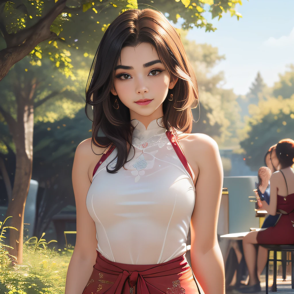 (Extremely detailed 8k wallpaper:2), (photo:2), (soigne Beautiful girl:2), (gives a lecture to friends:2), detailed (Face and eyes), (hyper realistic:1), (highly detailed:1), (epic realistic:1), rim light, (maximum details:1), cozy, (fullbody:1.3), (looking at viewer:2), (Woman's Attractive Qualities:2), (Attractive Woman:2), (Attractive:2), Smile, Intelligence, Empathy, Gracefulness, Sense of Style, Fitness, Grooming, Optimism, (Sensitivity:2), Sincerity, Romantic Gestures, Playfulness, Fashion Sense, (Sensuality:2), Charm, Modesty, Thoughtfulness, (Femininity:1), Flirtatiousness, Warmth, (Physical attractiveness:2), A beautiful smile, A love of life, strength and power, vulnerability, curiosity, wonder, love, (nature background:2), kawaii, waifu, Beautiful breasts, (attractive body:2), (Beautiful body:2), Beautiful pose, attractive pose, (Beautiful legs:1.0), (spread legs:1.0), (Beautiful clothes:1), (classic clothes:2), (elegant clothes:2), (European clothes:2), detailed clothes, (skirt:1), (blouse:1), (provocative pose)