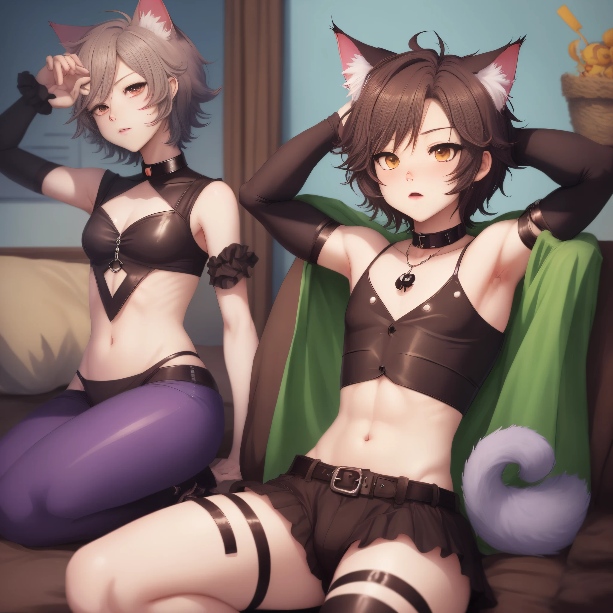 7  handsome boy，Wear lace underwear，fishnet stockings，Latex heels，Corsets，Lie on the delivery bed，Long hair，Cat ear hair card，ears of elf，nose hook，耳Nipple Ring，The boy was tied in chains，A black face，Bad laughs，perspire，Perverted