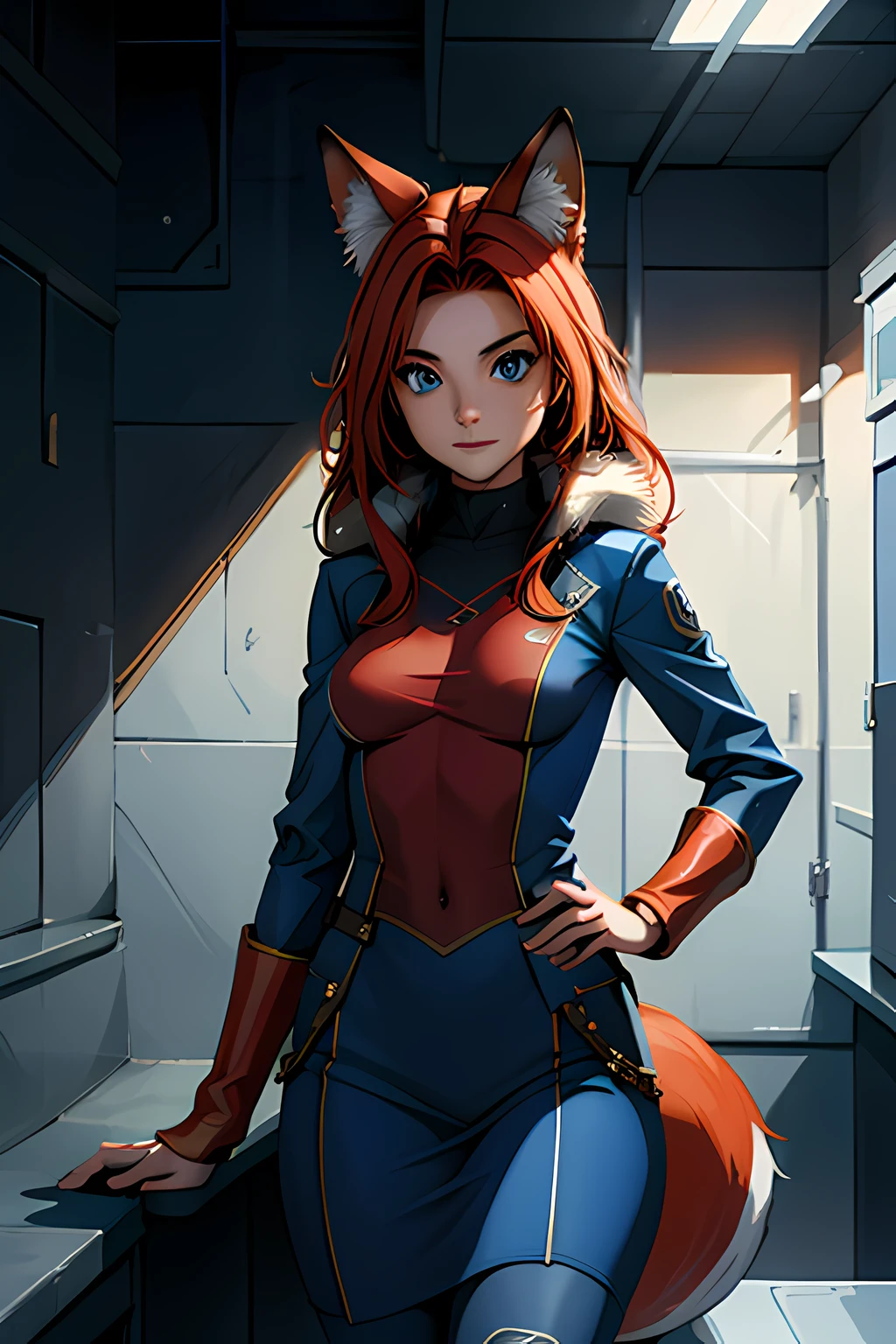 a female anthropomorphic fox engineer in a blue military uniform standing in a starship corridor, red hair, red fur, confident, gorgeous eyes, vivid colors mixed with chiaoscuro, deep colors,