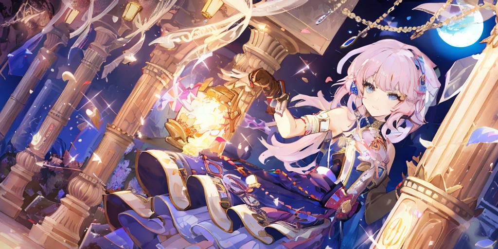 anime girl with a lamp and a jewelry around her neck, beautiful castle halls from outside , ayaka genshin impact, pink hair blue straight front hair, detailed key anime art, high detailed official artwork, ayaka game genshin impact, splash art anime loli, official anime artwork, official artwork, cushart krenz key art feminine, epic light novel art cover, fey magical lighting