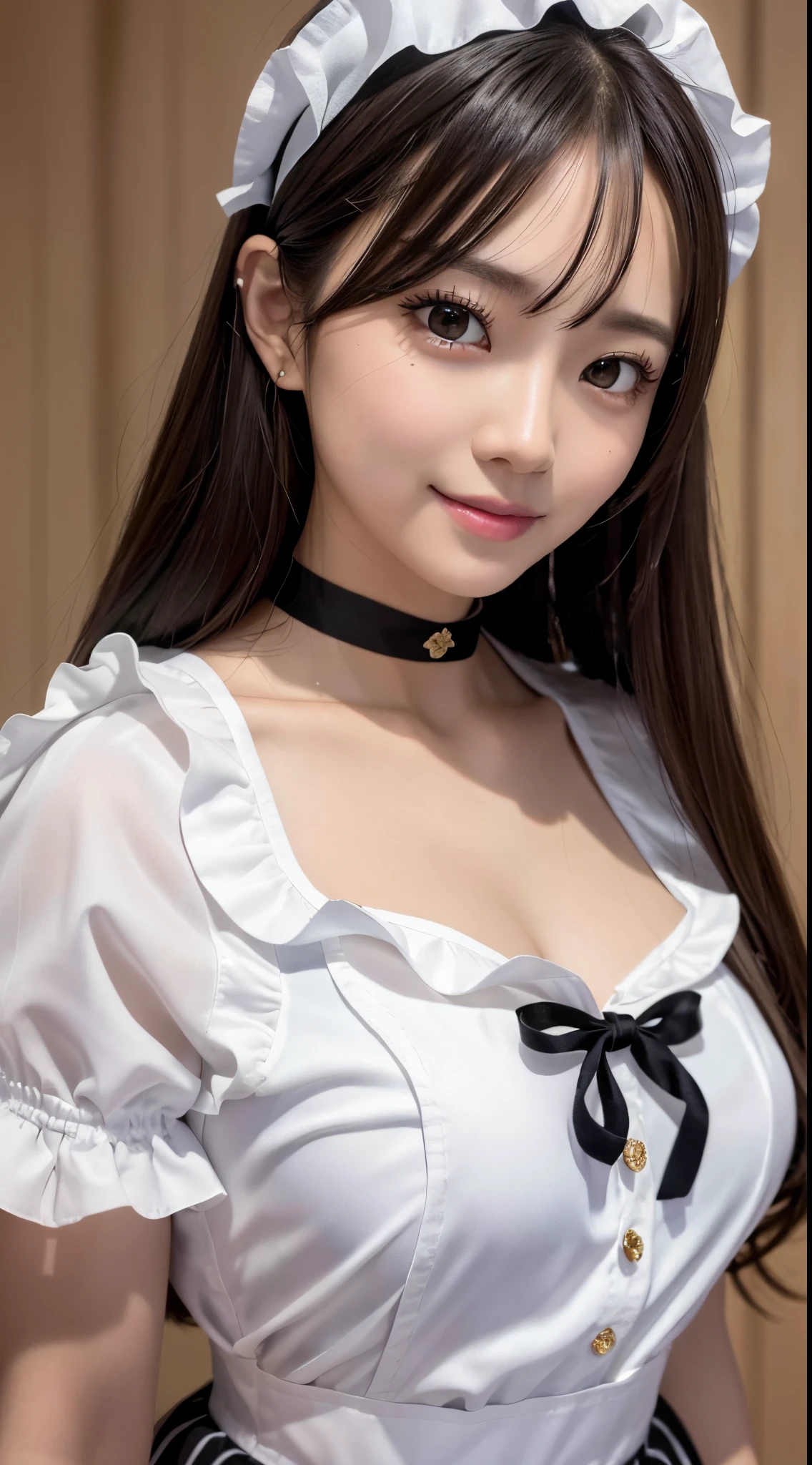 masterpiece、1 girl per 1 photo、upperbody shot、Straight front view、a Japanese young pretty woman、Wearing a cute maid costume in short sleeve satin silky black、With a big smile、White ruffled headband、Apron with white ruffles、a black choker、Glamorous figure、hyper cute face、shiny lip、body covered in sweat、Double eyelids in both eyes、 natural make up、long eyeslashes、Long bob hair shiny smooth light brown hair、asymmetrical bangs、skin tanned、image in center、8K分辨率、high détails、Detailed hairstyles、A detailed face、spectacular movie lighting、octane renderings、with a vibrant、Ultra-realistic、Perfect limbs、perfect anatomia