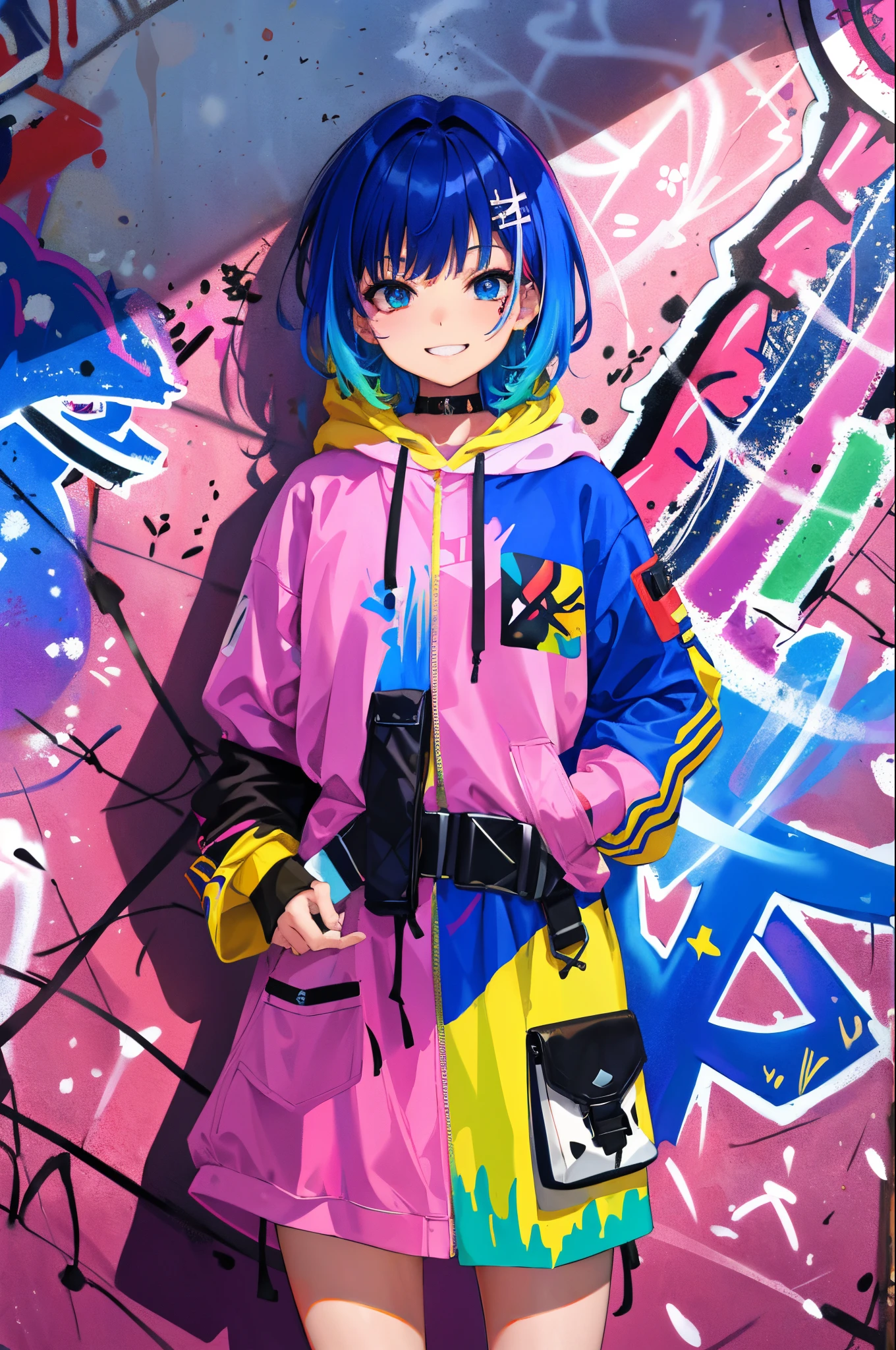 masterpiece, high quality, absurdres, highres, absurdres, ultra-detailed, 8k, 1girl, short hair, azure hair with coloured tips, gradient hair, looking at viewer, multicoloured eyes, colorful hoodie, colourful stains, (graffiti murals wall background:1.15), brilliant colorful paintings, bloom, portrait, cross hair ornament, jagged teeth, smiling, waist bag, against wall, bangs, shadow, reflection, cool pose