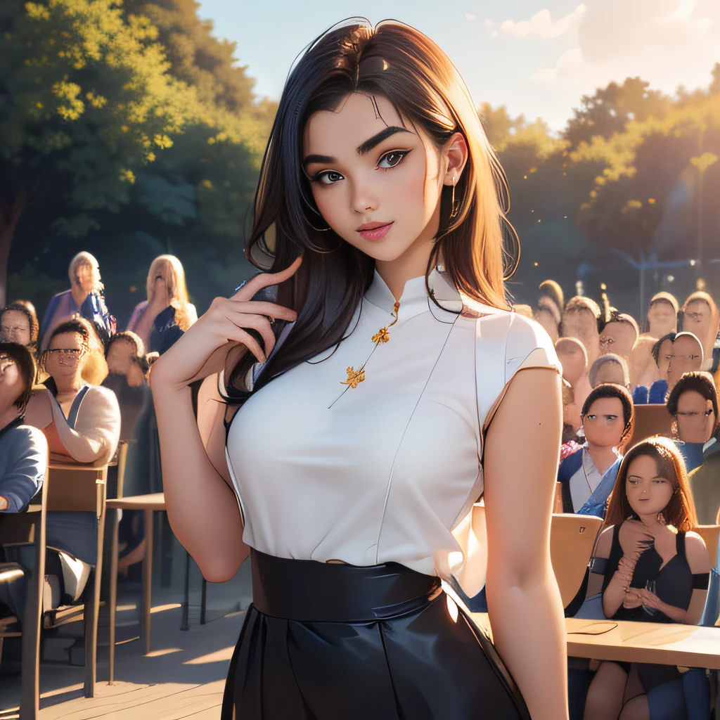 sfw, (Extremely detailed 8k wallpaper:2), (photo:2), (soigne Beautiful girl:2), (gives a lecture to friends:2), detailed (Face and eyes), (hyper realistic:1), (highly detailed:1), (epic realistic:1), rim light, (maximum details:1), cozy, (fullbody:1.3), (looking at viewer:2), (Woman's Attractive Qualities:2), (Attractive Woman:2), (Attractive:2), Smile, Intelligence, Empathy, Gracefulness, Sense of Style, Fitness, Grooming, Optimism, (Sensitivity:2), Sincerity, Romantic Gestures, Playfulness, Fashion Sense, (Sensuality:2), Charm, Modesty, Thoughtfulness, (Femininity:1), Flirtatiousness, Warmth, (Physical attractiveness:2), A beautiful smile, A love of life, strength and power, vulnerability, curiosity, wonder, love, (nature background:2), kawaii, waifu, Beautiful breasts, (attractive body:2), (Beautiful body:2), Beautiful pose, attractive pose, (Beautiful legs:1.0), (spread legs:1.0), (Beautiful clothes:1), (classic clothes:2), (elegant clothes:2), (European clothes:2), detailed clothes, (skirt:1), (blouse:1), (provocative pose)