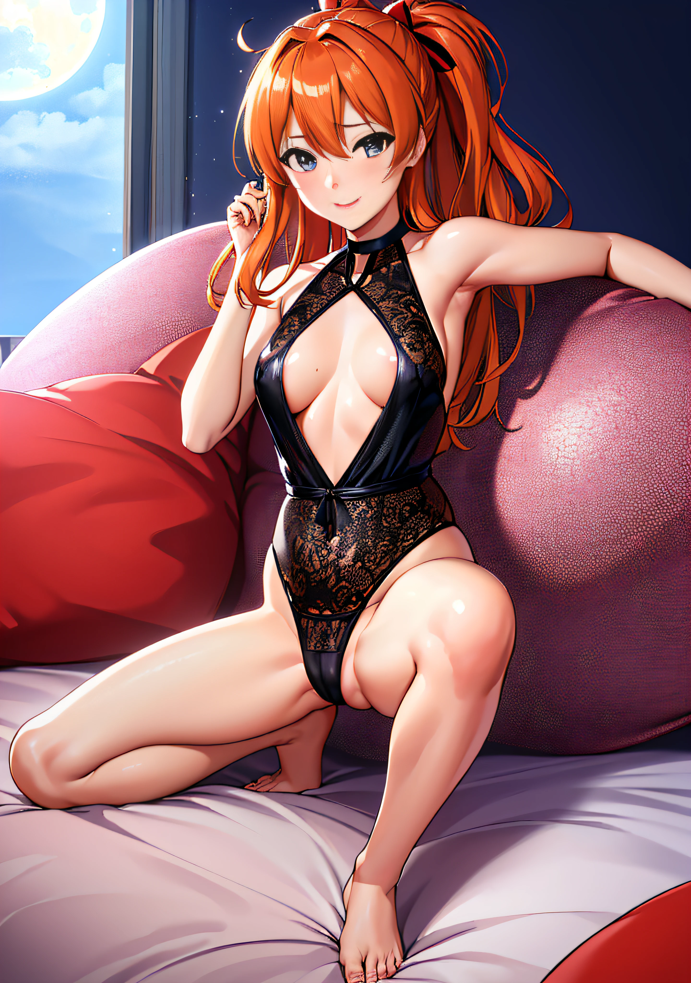 (masutepiece),(Best Quality), Asuka Langley Soryu,、Soio、Blue eyes,hair between eye,headware,Interface headset,Orange hair,Red Ribbon、bow ribbon、Big breasts、((Smaller head))、1 female、fullmoon、black room dress、Sexy pose with one knee up on the bed、(Raw photography:1.2)、(Photorealsitic:1.4)、A smile、Textured skin、extremely detailed eye and face、beatiful detailed eyes、二重まぶた、huge filesize、(Increase the beauty of skin texture:1.1)、hight resolution、highlydetailed skin、top-quality、8k wallpaper、电影灯光、large boob,Seductive underwear、Open legs、The chest is visible、 Spread your legs、Spread your crotch、Persistent stare, Sharp eyes, sexy langeries