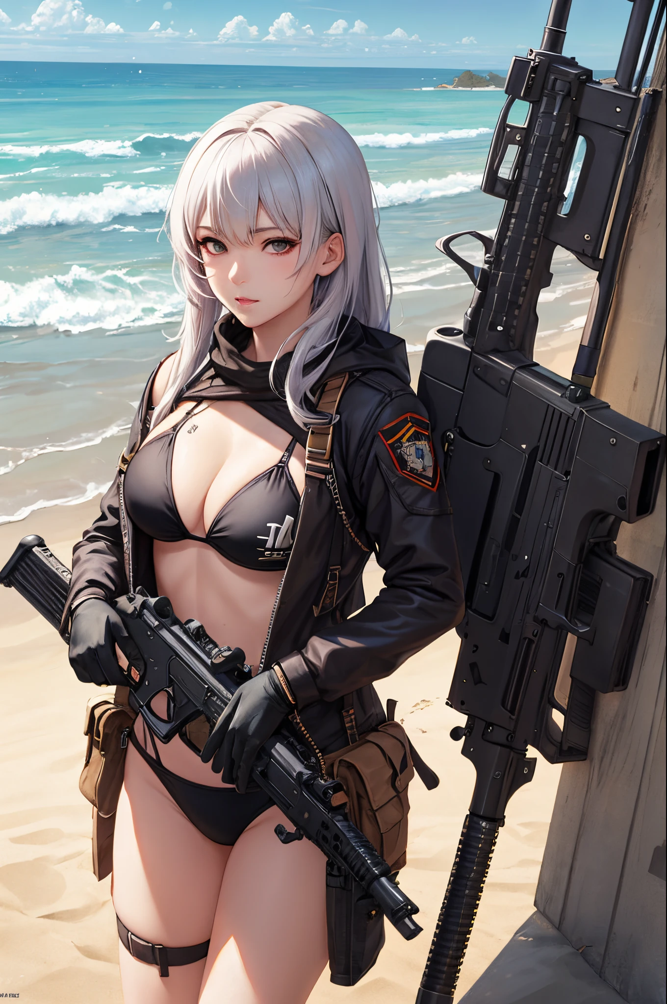 Bikini anime girl holding gun and rifle on beach, 比基尼 + tattered military gear, finely detailled. Girl Front, From the maiden front, Girly frontline style, Shoujo Frontline CG, Girl Front, fleet collection style, soldier girl, M4 Sopmod II Girls Frontline, infantry girls, realistic bikini, seductive anime girls, Guweiz style artwork