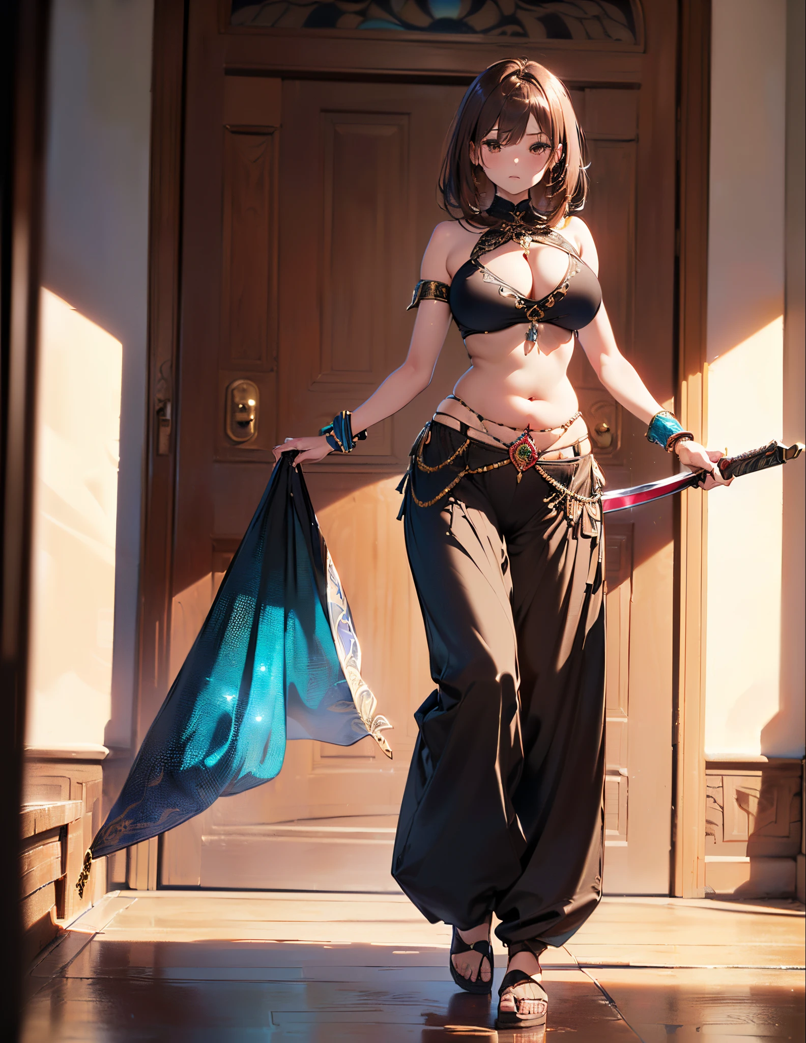 (best quality, 4k, 8k, highres, masterpiece:1.2), ultra-detailed, (((coyote girl))), (((brown hair))), (((full body))), ((standing pose)), ((((very sexy baggy harem belly dancer pants)))), ((detailed pants)), ((perfect pants)), ((((carrying a big beautiful weapon)))), ((detailed weapon)), ((perfect weapon)), ((fully detailed)), illustration, vivid colors