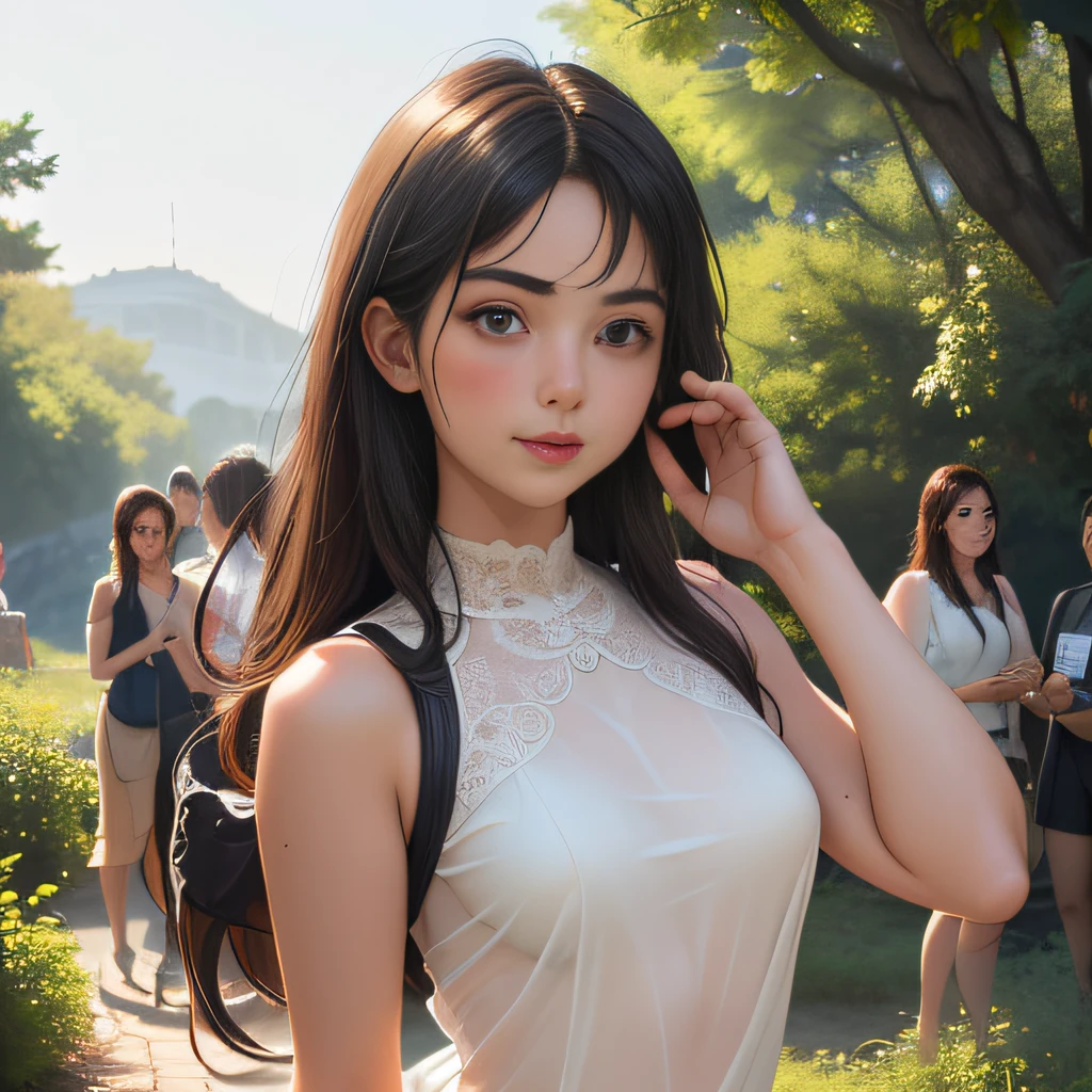 (Extremely detailed 8k wallpaper:2), (photo:2), (soigne Beautiful girl:2), (gives a lecture to friends:2), detailed (Face and eyes), (hyper realistic:1), (highly detailed:1), (epic realistic:1), rim light, (maximum details:1), cozy, (fullbody:1.3), (looking at viewer:2.0), (Woman's Attractive Qualities:2), (Attractive Woman:2), (Attractive:2), Smile, Intelligence, Empathy, Gracefulness, Sense of Style, Fitness, Grooming, Optimism, (Sensitivity:2), Sincerity, Romantic Gestures, Playfulness, Fashion Sense, (Sensuality:2), Charm, Modesty, Thoughtfulness, (Femininity:1), Flirtatiousness, Warmth, (Physical attractiveness:2), A beautiful smile, A love of life, strength and power, vulnerability, curiosity, wonder, love, (nature background:2), kawaii, waifu, Beautiful breasts, (attractive body:2), (Beautiful body:2), Beautiful pose, attractive pose, (Beautiful legs:1.0), (spread legs:1.0), (Beautiful clothes:1), (classic clothes:2), (elegant clothes:2), (European clothes:2), detailed clothes, (skirt:1), (blouse:1), (provocative pose)