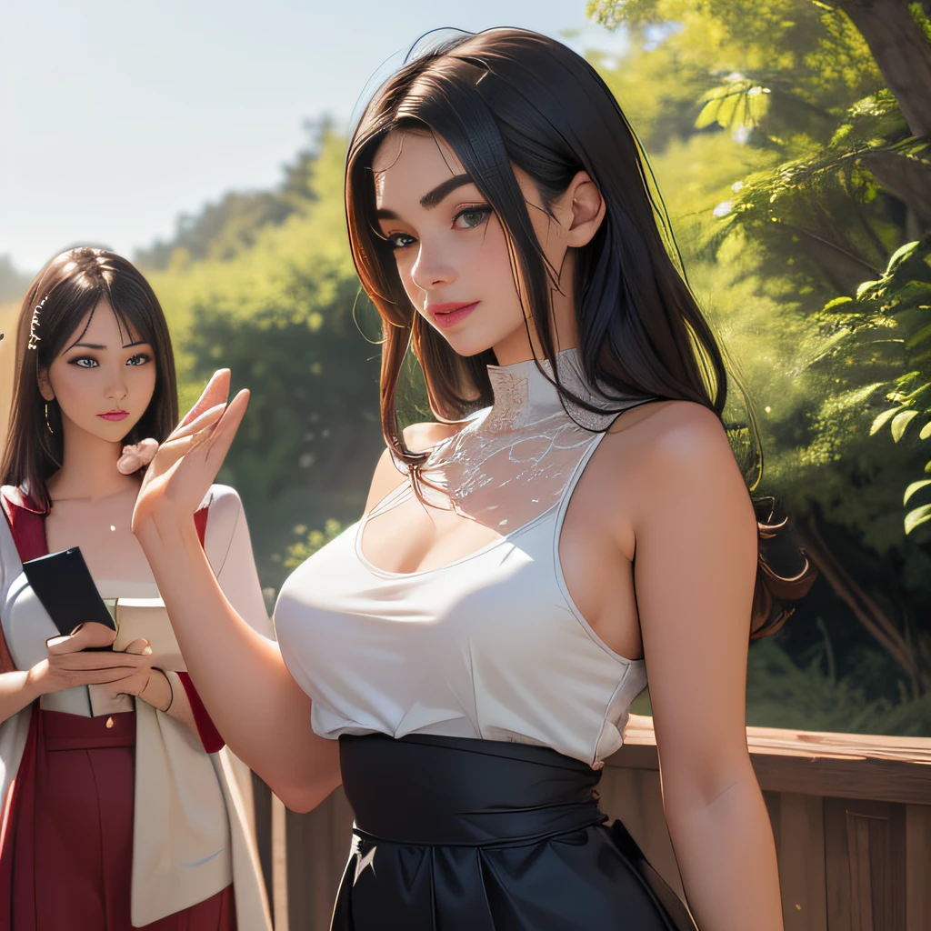 (Extremely detailed 8k wallpaper:2), (photo:2), (soigne Beautiful girl:2), (gives a lecture to friends:2), detailed (Face and eyes), (hyper realistic:1), (highly detailed:1), (epic realistic:1), rim light, (maximum details:1), cozy, (fullbody:1.3), (looking at viewer:2.0), (Woman's Attractive Qualities:2), (Attractive Woman:2), (Attractive:2), Smile, Intelligence, Empathy, Gracefulness, Sense of Style, Fitness, Grooming, Optimism, (Sensitivity:2), Sincerity, Romantic Gestures, Playfulness, Fashion Sense, (Sensuality:2), Charm, Modesty, Thoughtfulness, (Femininity:1), Flirtatiousness, Warmth, (Physical attractiveness:2), A beautiful smile, A love of life, strength and power, vulnerability, curiosity, wonder, love, (nature background:2), kawaii, waifu, Beautiful breasts, (attractive body:2), (Beautiful body:2), Beautiful pose, attractive pose, (Beautiful legs:1.0), (spread legs:1.0), (Beautiful clothes:1), (classic clothes:2), (elegant clothes:2), (European clothes:2), detailed clothes, (skirt:1), (blouse:1), (provocative pose)