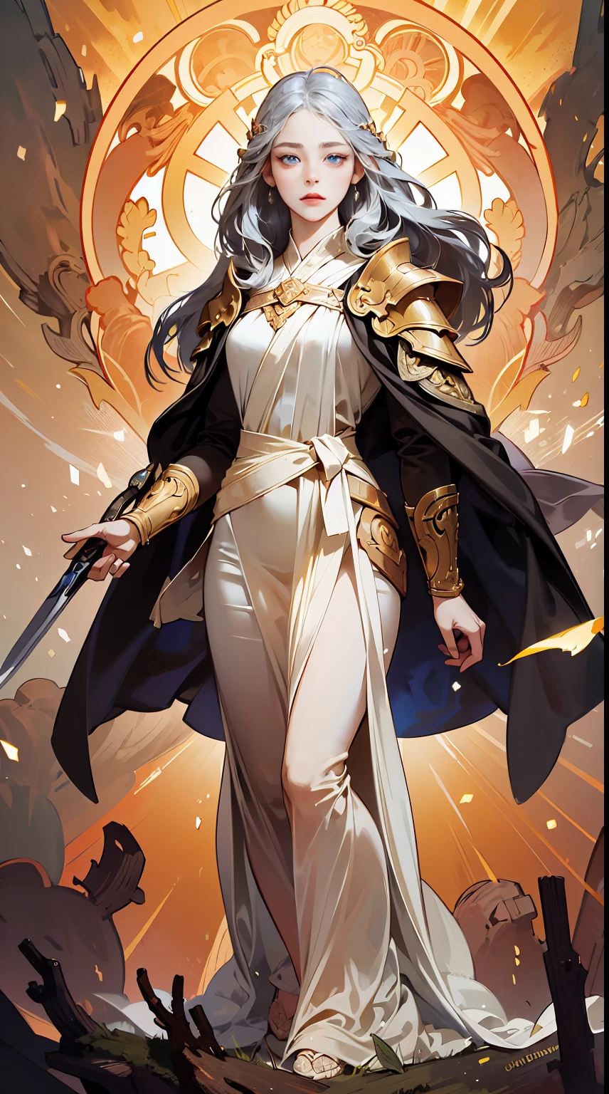 (best quality,highres),detailed face, deep blue eyes, graceful and serene expression, medium flowing hair, delicate elven features, dressed in armor made of shimmering silver metal, holding a gleaming sword adorned with intricate engravings, standing tall and confident in the battlefield, surrounded by chaos and destruction, sunlight filtering through the shattered trees, casting a warm golden glow on her, determined and resolute, her heart radiating with compassion and empathy even in the face of conflict, a symbol of hope and strength, a beacon of peace in the midst of war, her presence bringing harmony and tranquility to the chaotic world. By Yusuke Murata, by Alphonse mucha.