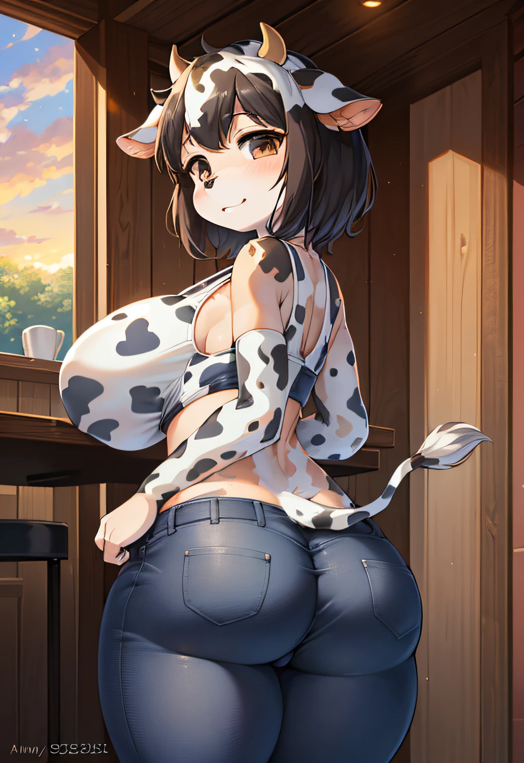 (furry art, uploaded on e621:1.4), (masterpiece:1.3), (best quality:1.2),(2D:1.0), (anime:1.0), (illustration:1.0), (sharp:1.2), (sunset_environment), (barn hous), (restaurant), (clear, shiny:0.8), (impasto:1.1), (ultra-detailed:1.0) (1girl, solo), (cow_girl, anthro furry:1.6), (anthro_female_cow:1.3), (li:1.4), short black hair, sexy, (slim waist), thick thighs, wide hips, large breasts, sports bra, jeans, ((ass focus, standing))