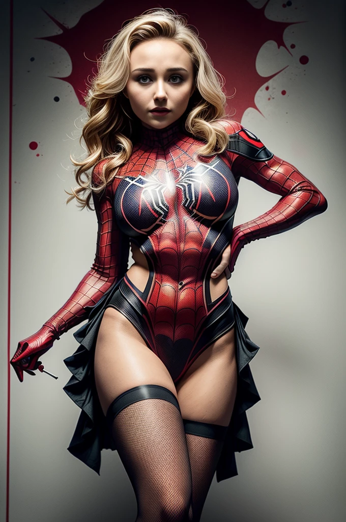 Hayden Panettiere、Sticking out the navel、newyork、She wears a torn Spider-Man suit,wearing skirt、 Red and black color scheme,Dynamic、masterpiece、top-quality、ultra-detailliert、ighly detailed、beautiful detailed brilliance、超A high resolution