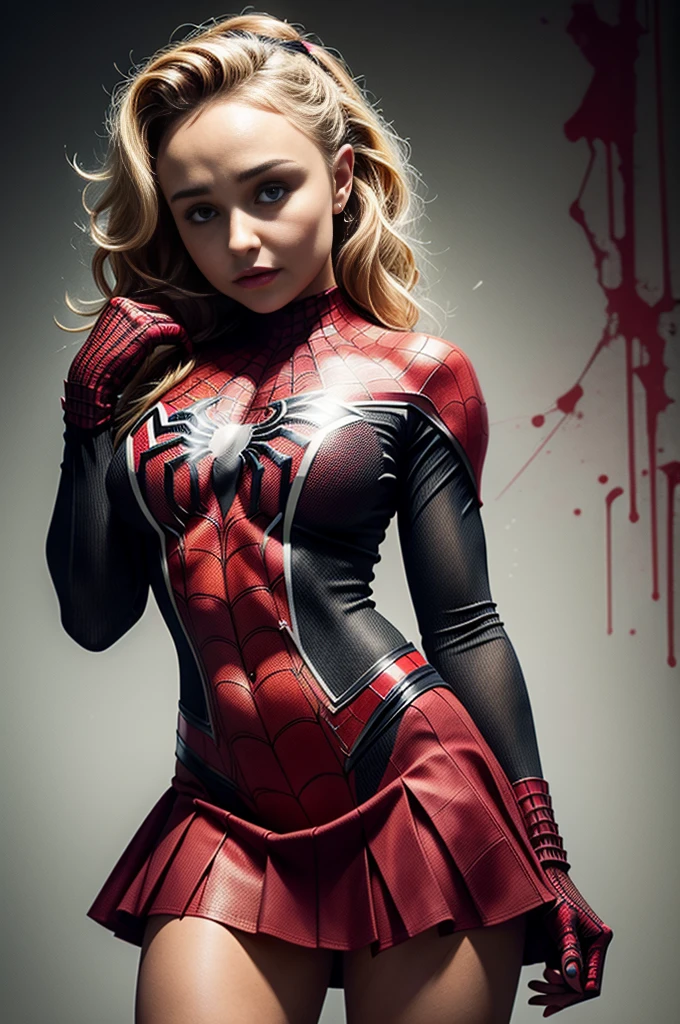 Hayden Panettiere、Sticking out the navel、newyork、She wears a torn Spider-Man suit,wearing skirt、 Red and black color scheme,Dynamic、masterpiece、top-quality、ultra-detailliert、ighly detailed、beautiful detailed brilliance、超A high resolution
