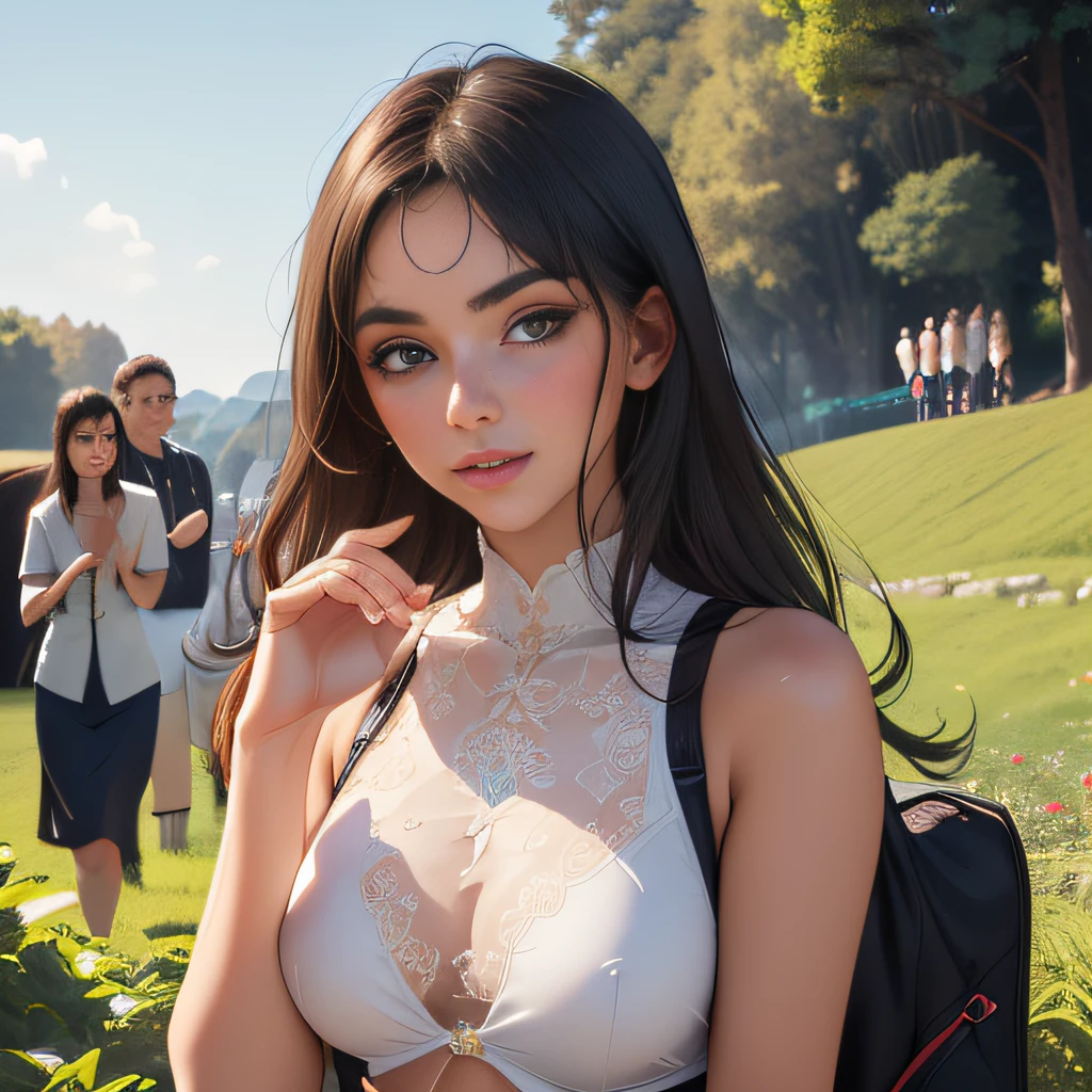 (Extremely detailed 8k wallpaper:2), (photo:2), (soigne Beautiful girl:2), (gives a lecture to friends:2), detailed (Face and eyes), (hyper realistic:1), (highly detailed:1), (epic realistic:1), rim light, (maximum details:1), cozy, (fullbody:1.3), (looking at viewer:2.0), (Woman's Attractive Qualities:2), (Attractive Woman:2), (Attractive:2), Smile, Intelligence, Empathy, Gracefulness, Sense of Style, Fitness, Grooming, Optimism, (Sensitivity:2), Sincerity, Romantic Gestures, Playfulness, Fashion Sense, (Sensuality:2), Charm, Modesty, Thoughtfulness, (Femininity:1), Flirtatiousness, Warmth, (Physical attractiveness:2), A beautiful smile, A love of life, strength and power, vulnerability, curiosity, wonder, love, (nature background:2), kawaii, waifu, Beautiful breasts, (attractive body:2), (Beautiful body:2), Beautiful pose, attractive pose, (Beautiful legs:1.0), (spread legs:1.0), (Beautiful clothes:1), (classic clothes:2), (elegant clothes:2), (European clothes:2), detailed clothes, (skirt:1), (blouse:1), (provocative pose)