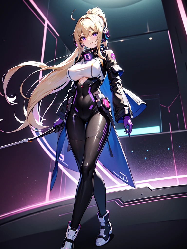 ​masterpiece:1.4, 1girl in ((20yr old, Dressed in a tight futuristic bodysuit in black and silver, long boots, huge-breasted, Multicolored blonde hair, twin ponytail, Perfect model body, Purple eyes:1.4, Wearing headphones, Flirting, Happy, Big smile, Looking out the window of the futuristic sci-fi space station、While admiring the beautiful galaxy:1.2, SFSF control room on night background:1.1, Neon and energetic atmosphere:1.2)) ((Galaxy)) ((Solo:1.6))